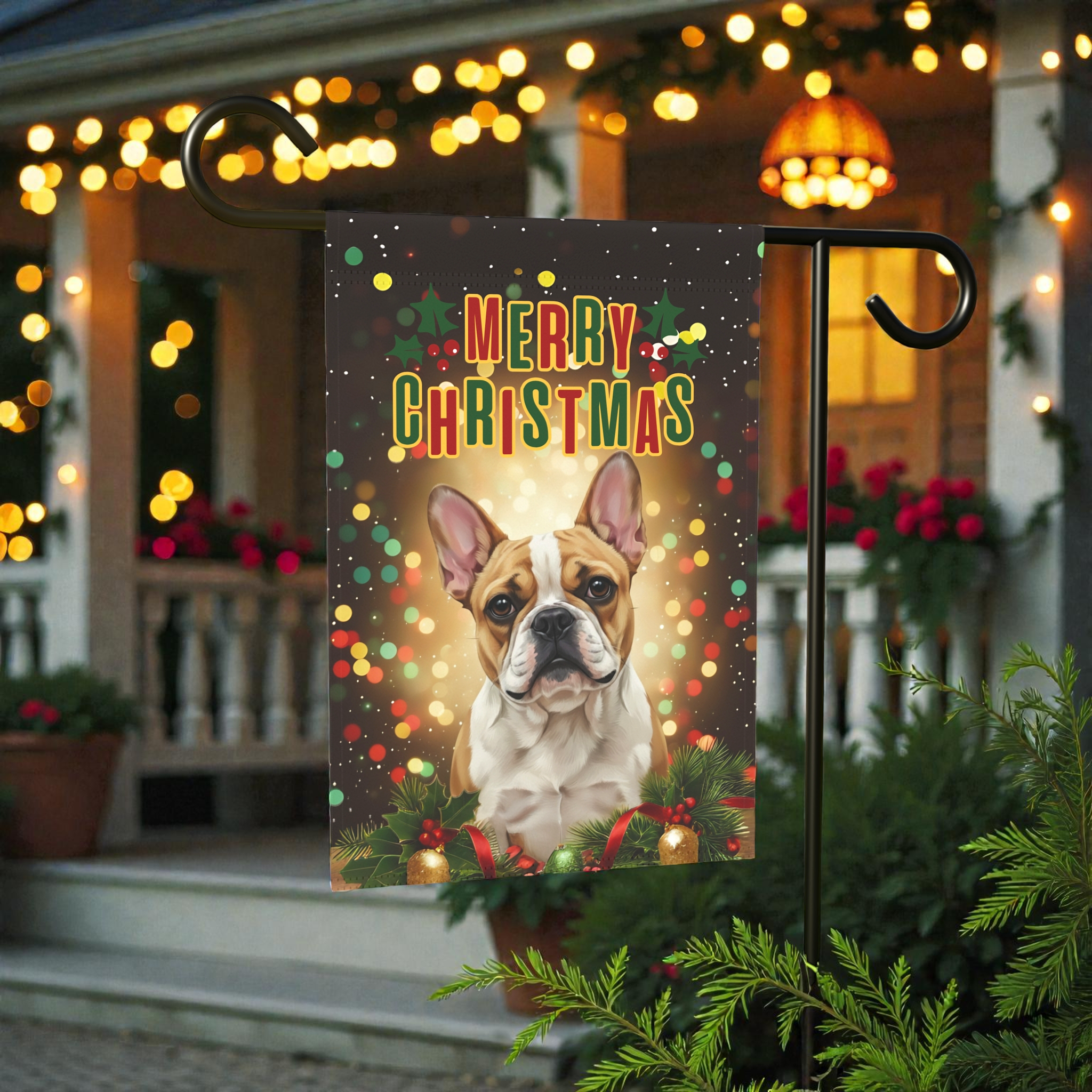 Merry Christmas in Lights French Bulldog Garden Flag - product detail - Dragonfire Gardens
