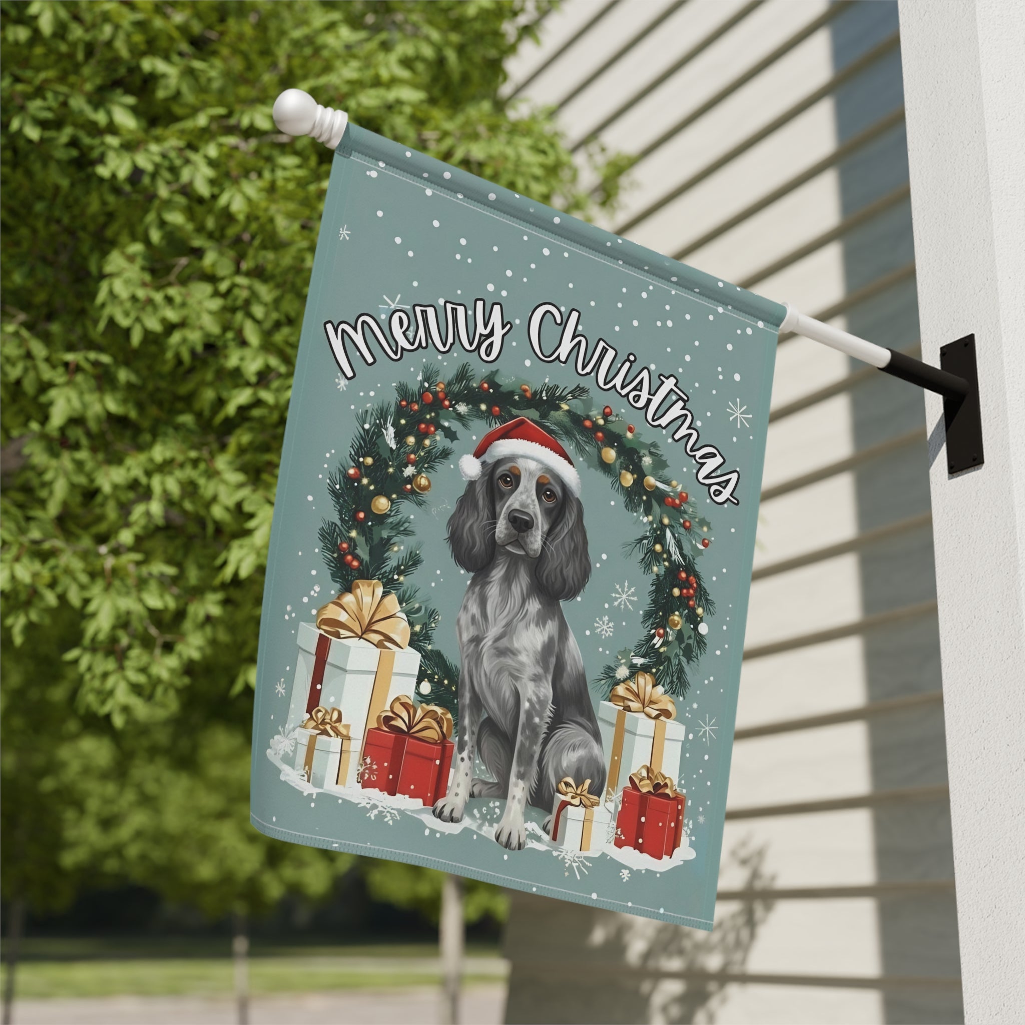 Merry Christmas Blue Picardy Spaniel Garden Flag - double-sided design - Dragonfire Gardens
