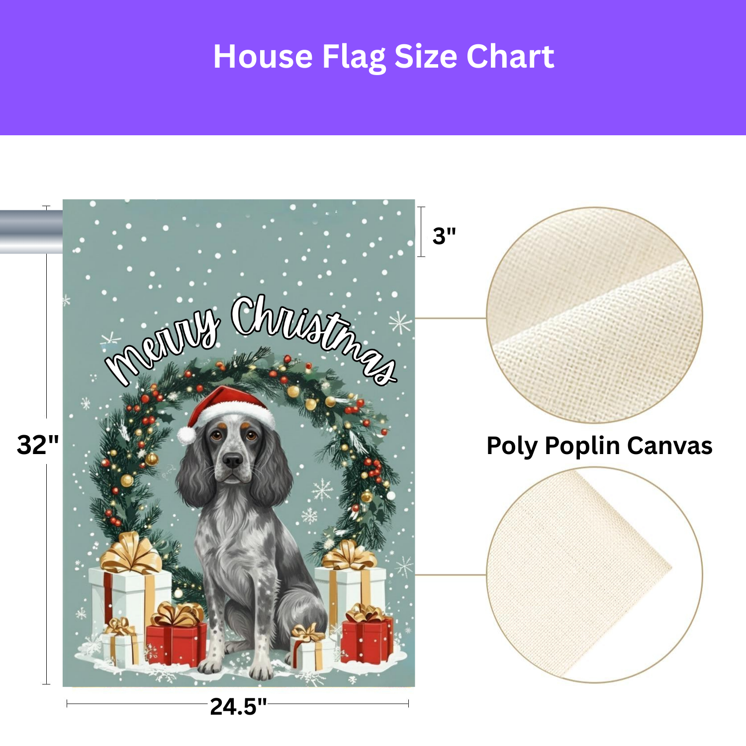 Merry Christmas Blue Picardy Spaniel Garden Flag - size comparison - Dragonfire Gardens