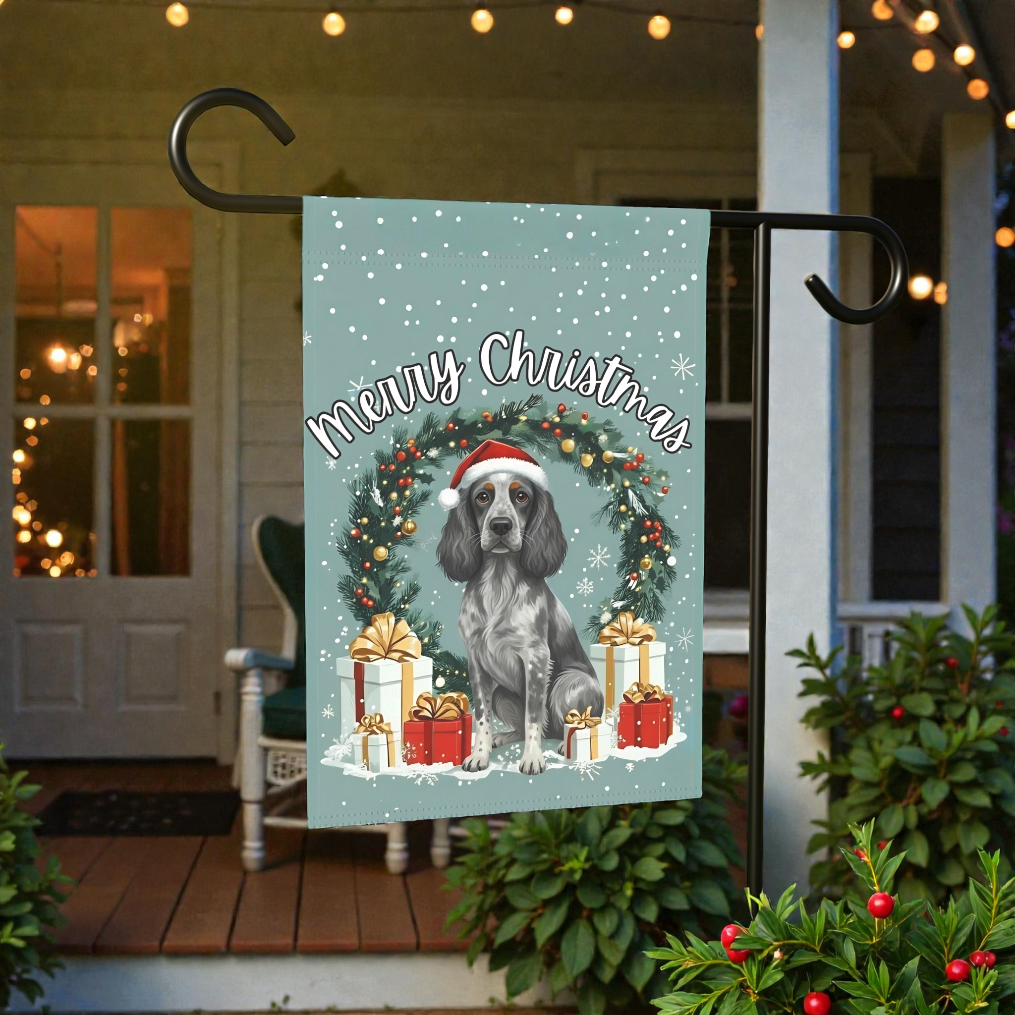 Merry Christmas Blue Picardy Spaniel Garden Flag - outdoor display - Dragonfire Gardens