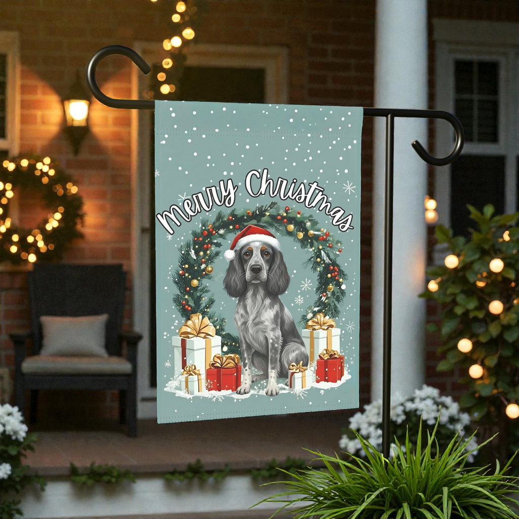 Merry Christmas Blue Picardy Spaniel Garden Flag - front view - Dragonfire Gardens