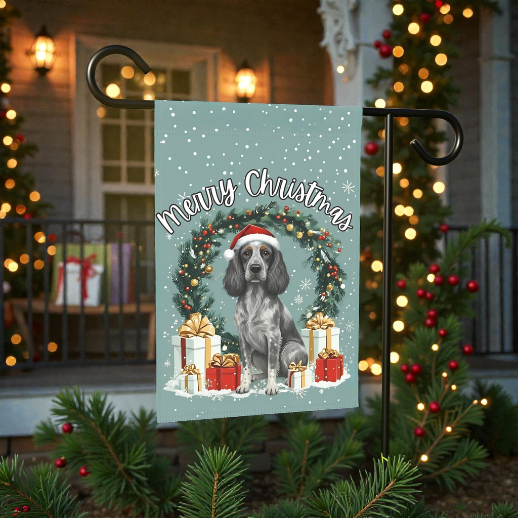 Merry Christmas Blue Picardy Spaniel Garden Flag - lifestyle display - Dragonfire Gardens