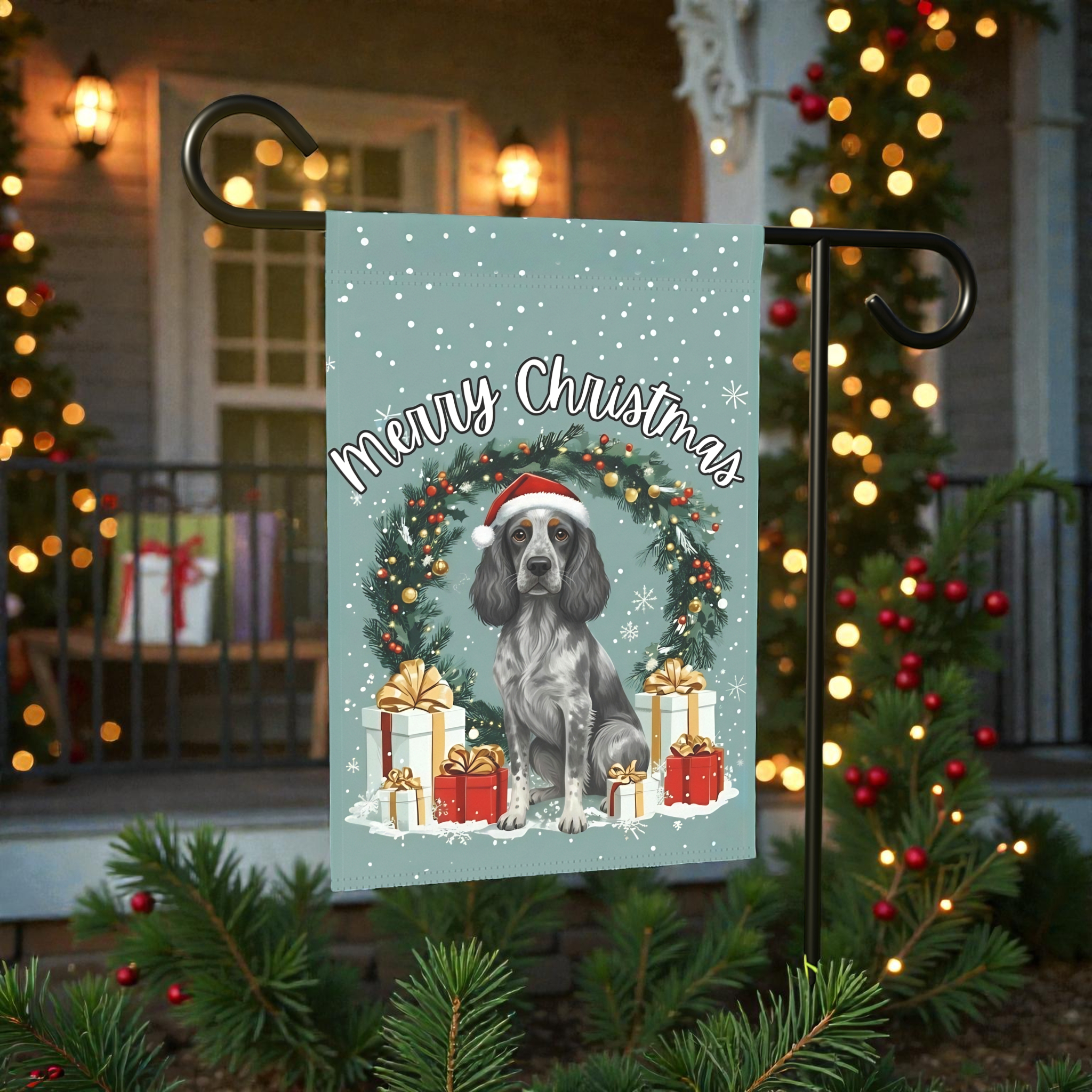 Merry Christmas Blue Picardy Spaniel Garden Flag - lifestyle display - Dragonfire Gardens
