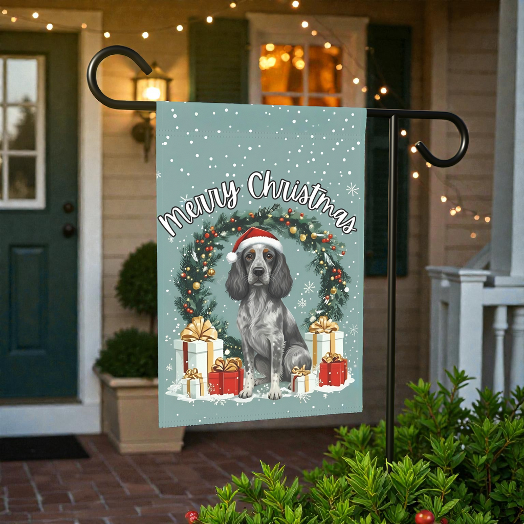 Merry Christmas Blue Picardy Spaniel Garden Flag - product detail - Dragonfire Gardens