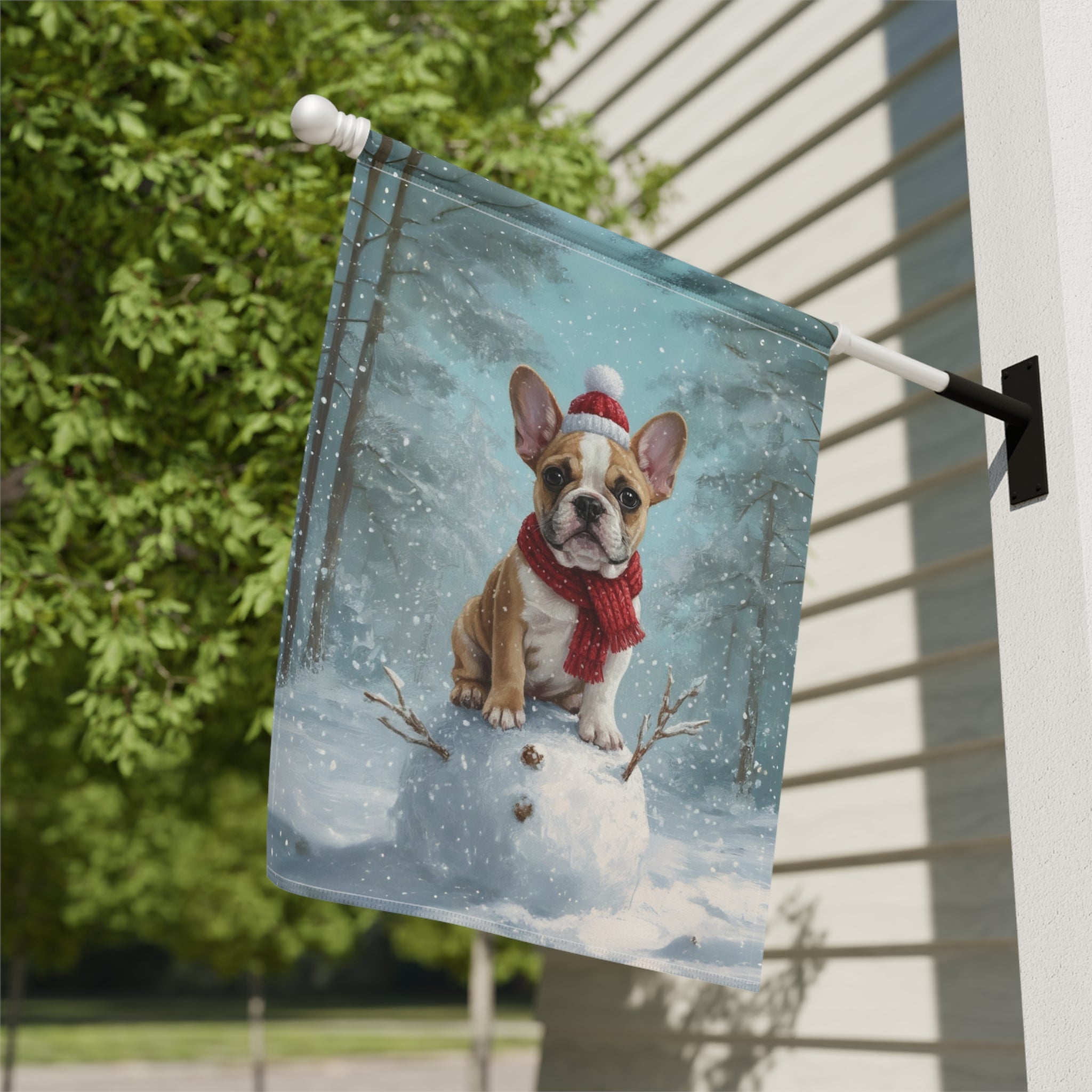 Making a Snowman French Bulldog Garden Flag - double-sided design - Dragonfire Gardens