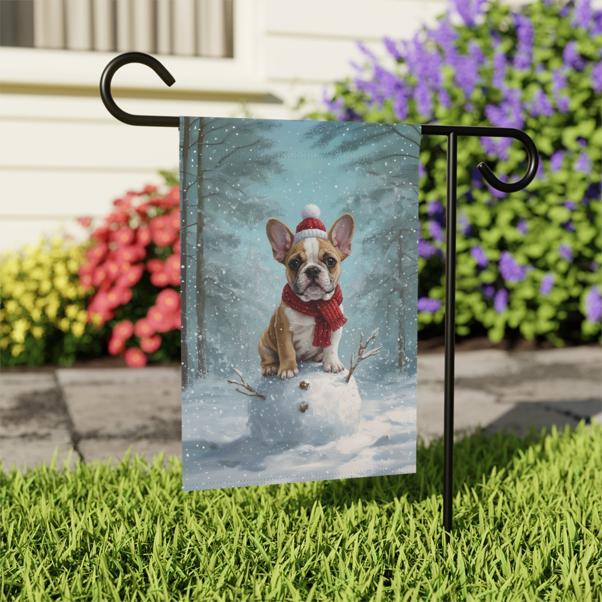Making a Snowman French Bulldog Garden Flag - close-up detail - Dragonfire Gardens