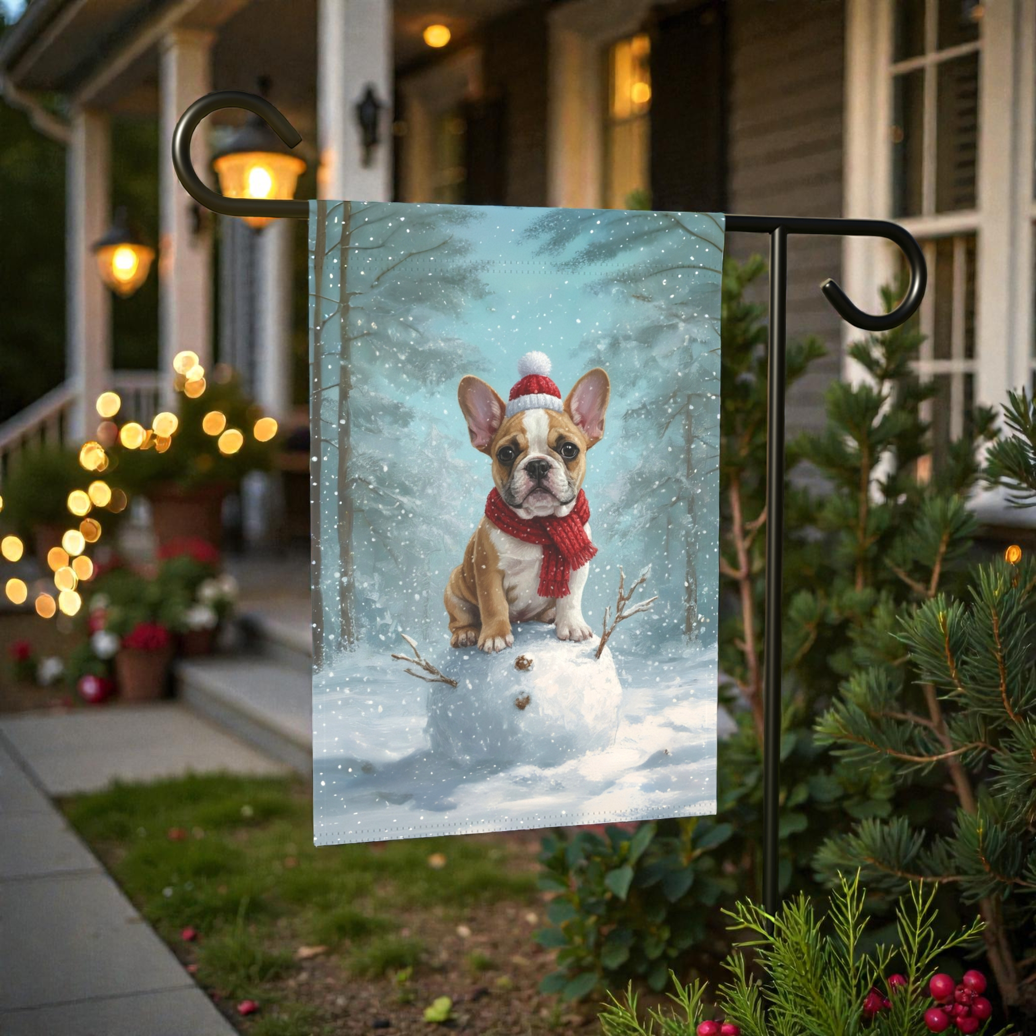 Making a Snowman French Bulldog Garden Flag - lifestyle display - Dragonfire Gardens