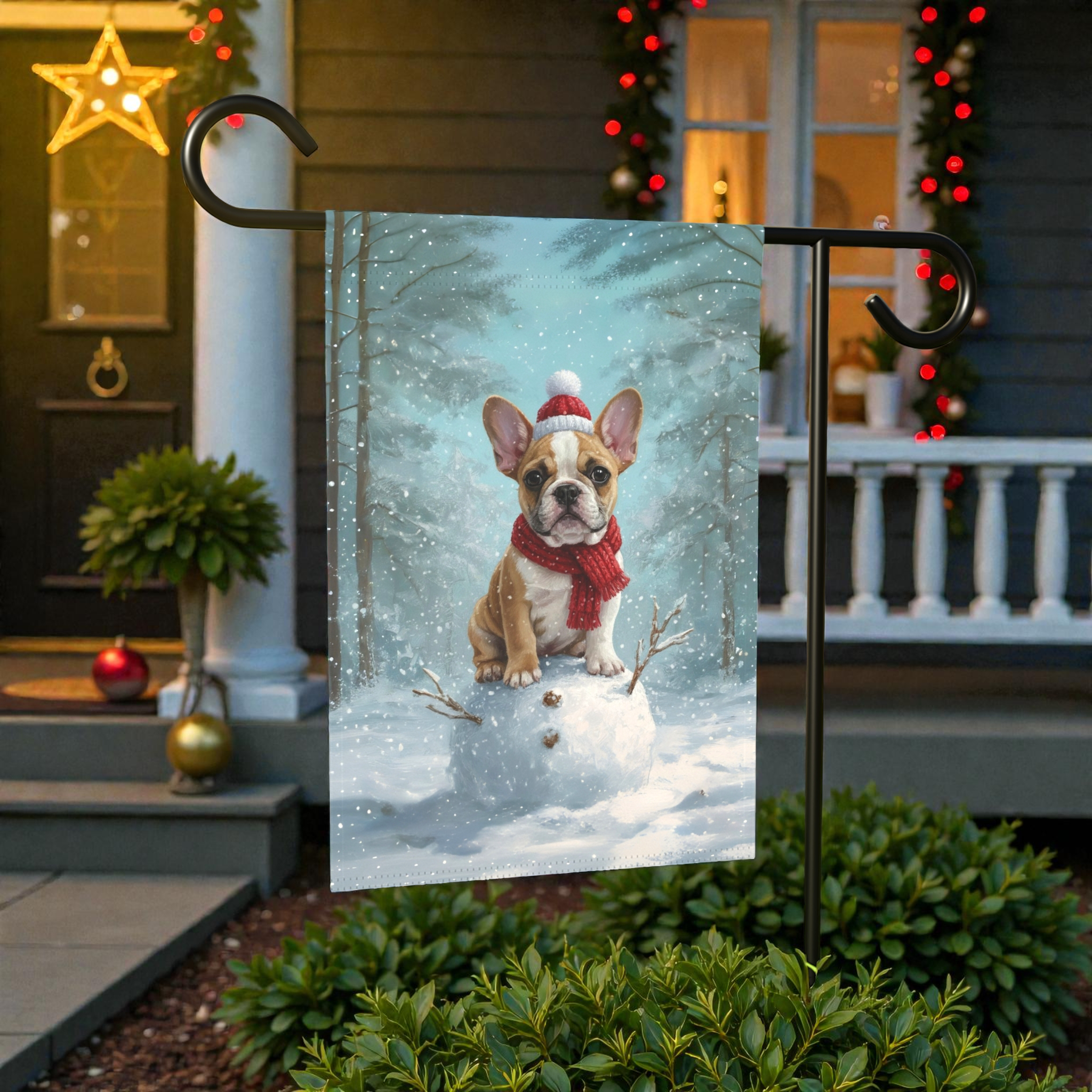 Making a Snowman French Bulldog Garden Flag - outdoor display - Dragonfire Gardens