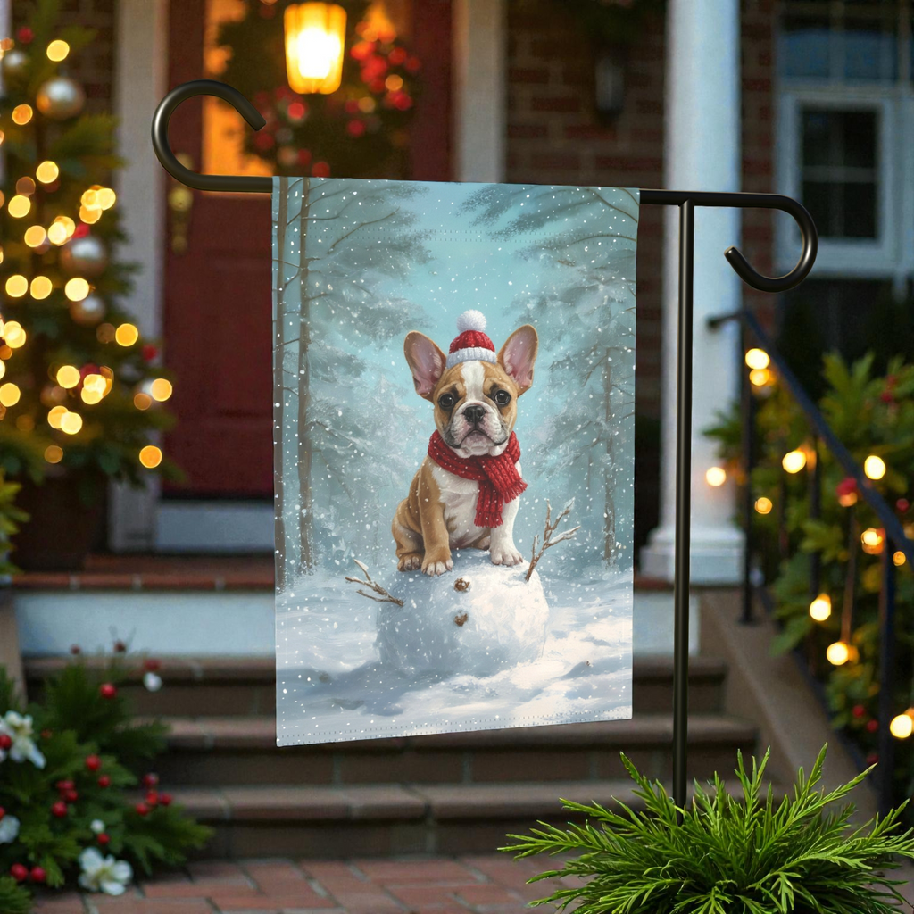 Making a Snowman French Bulldog Garden Flag - front view - Dragonfire Gardens
