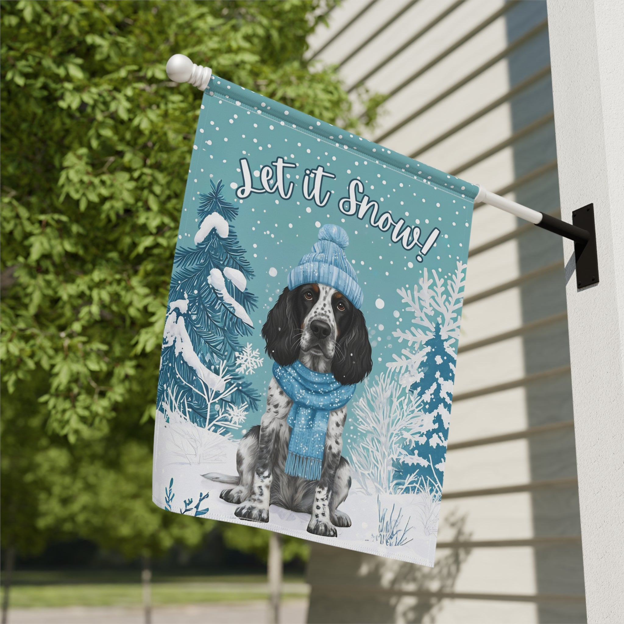 Let It Snow Blue Picardy Spaniel Garden Flag - double-sided design - Dragonfire Gardens