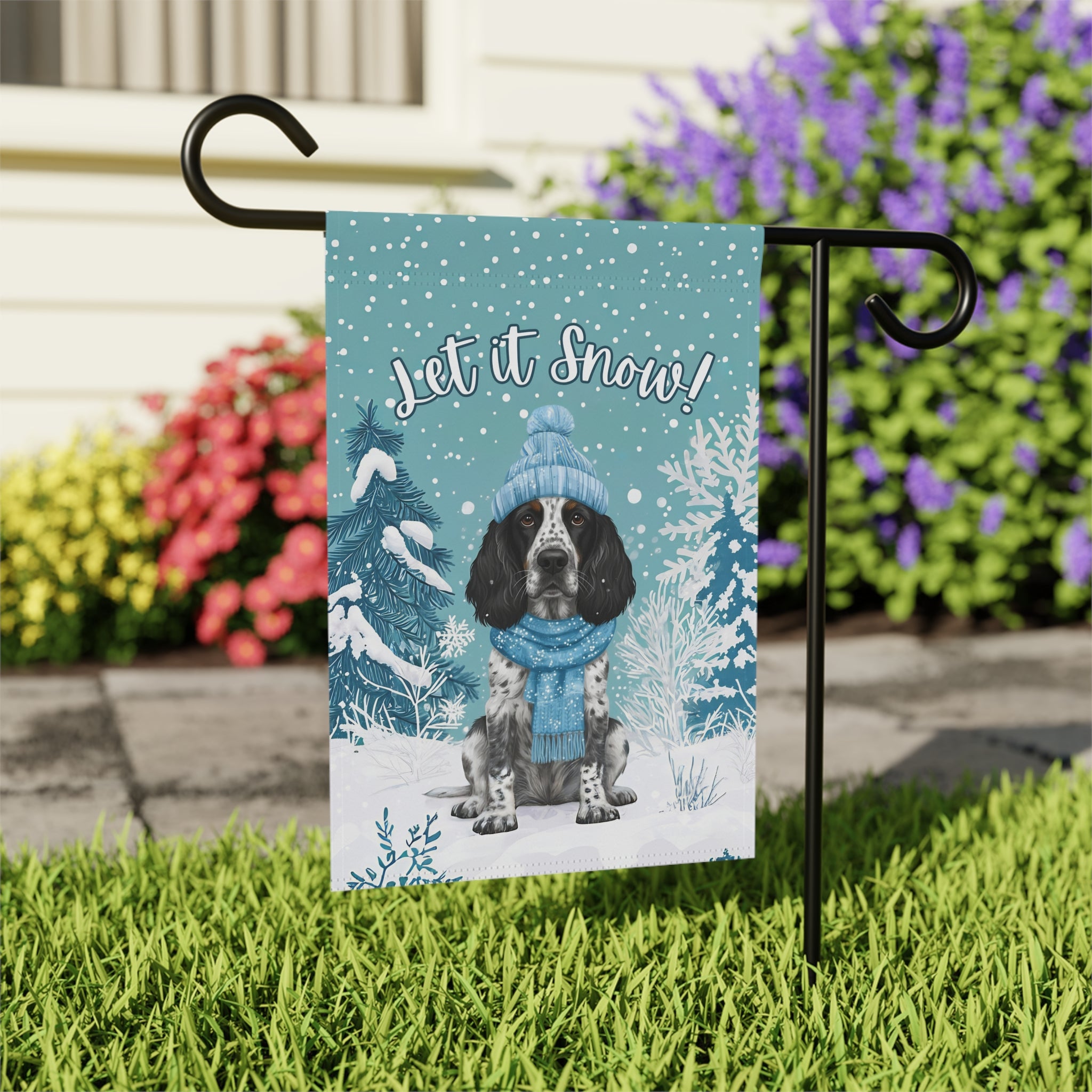 Let It Snow Blue Picardy Spaniel Garden Flag - close-up detail - Dragonfire Gardens