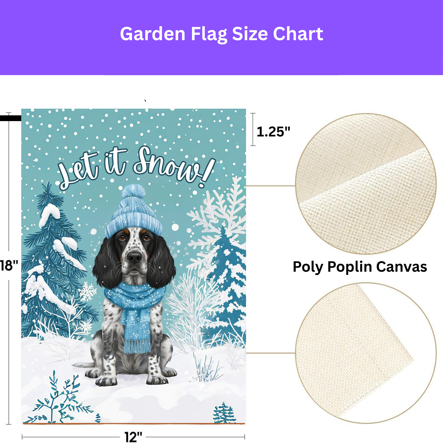 Let It Snow Blue Picardy Spaniel Garden Flag - size comparison - Dragonfire Gardens