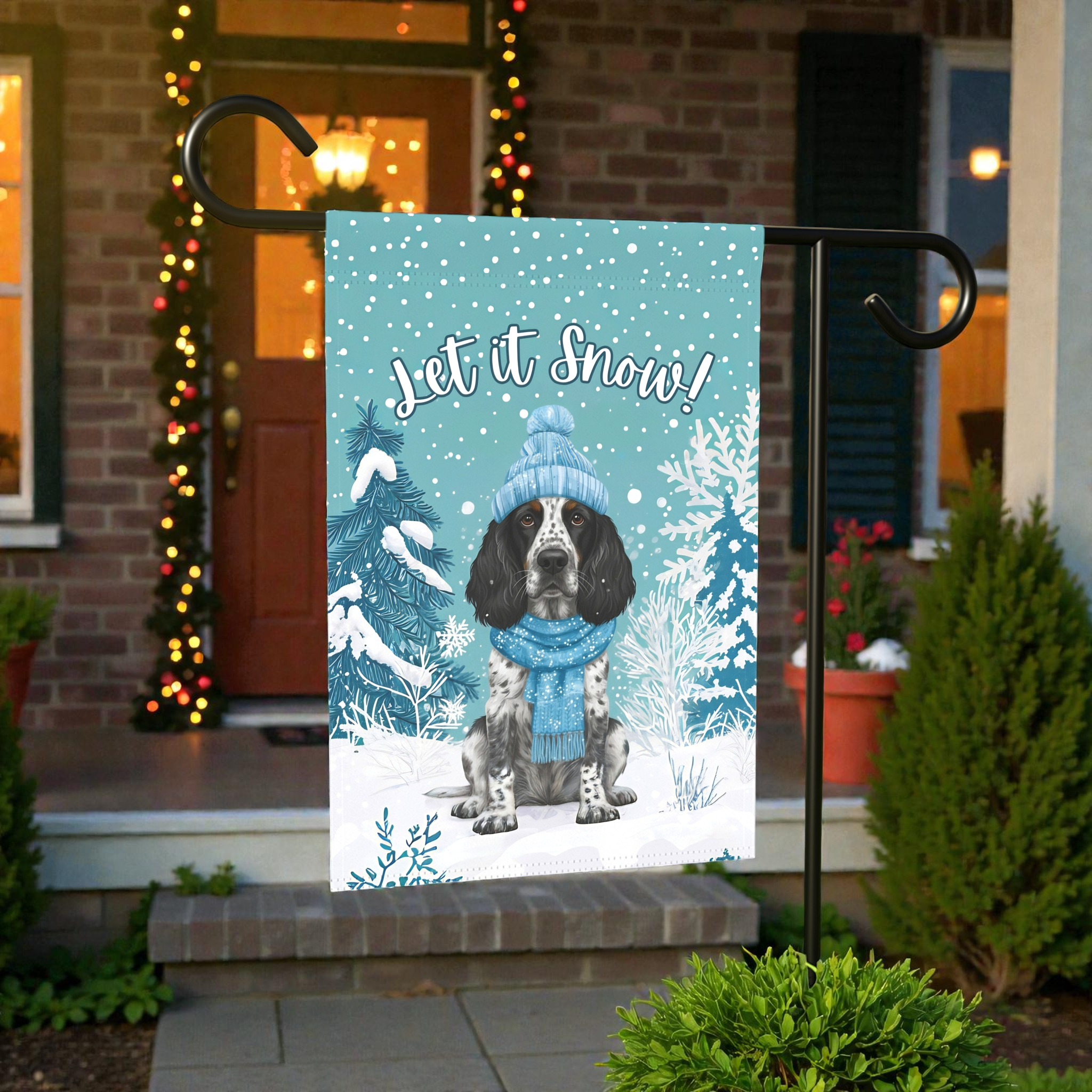 Let It Snow Blue Picardy Spaniel Garden Flag - front view - Dragonfire Gardens