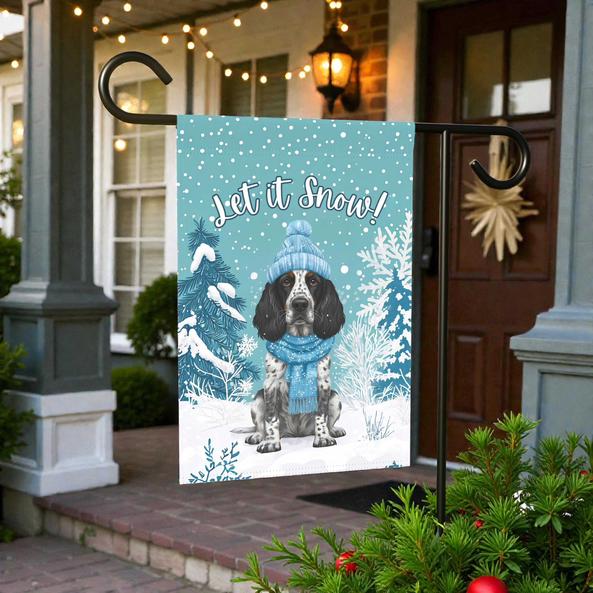 Let It Snow Blue Picardy Spaniel Garden Flag - outdoor display - Dragonfire Gardens