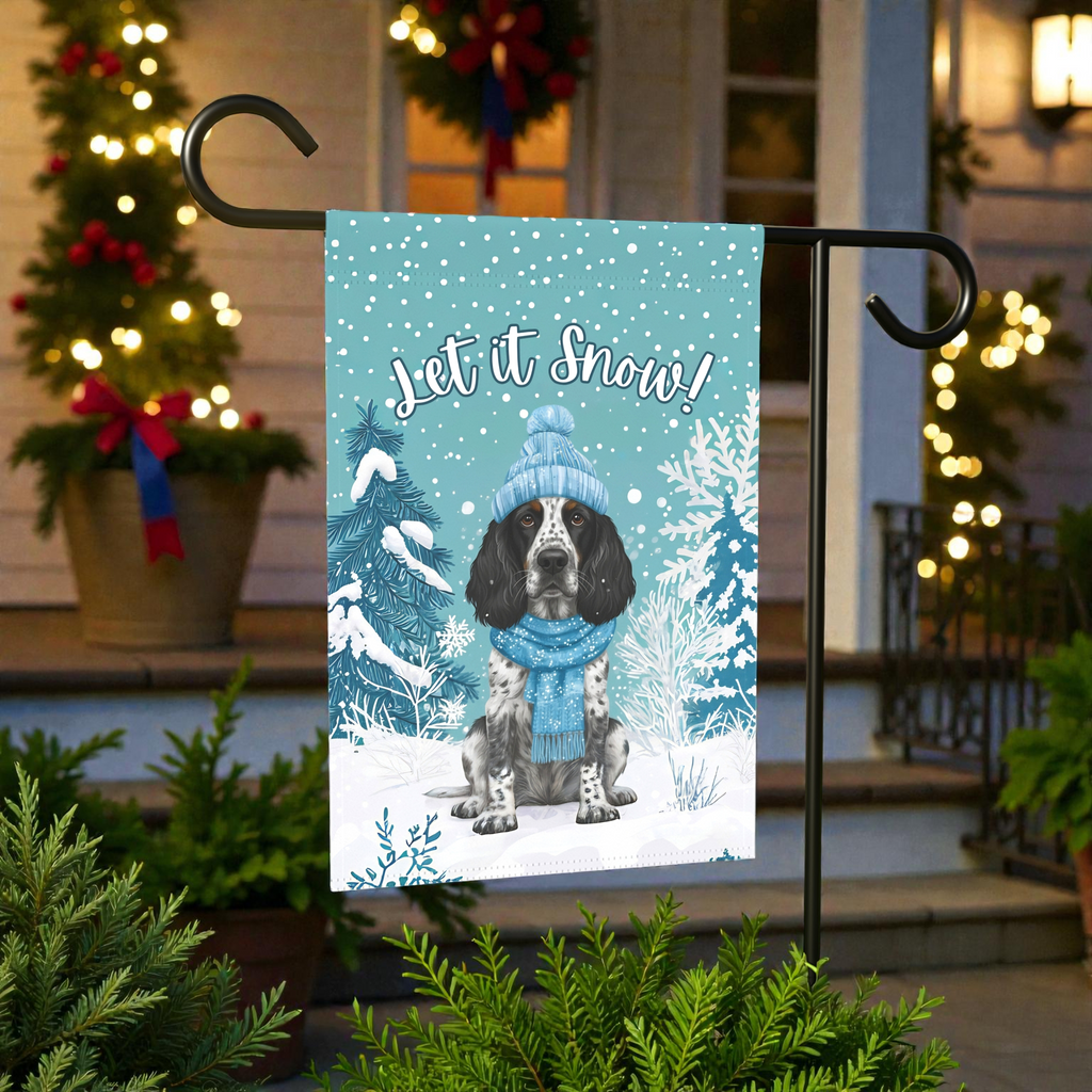 Let It Snow Blue Picardy Spaniel Garden Flag - lifestyle display - Dragonfire Gardens
