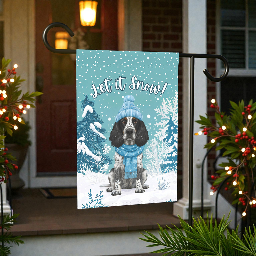 Let It Snow Blue Picardy Spaniel Garden Flag - product detail - Dragonfire Gardens