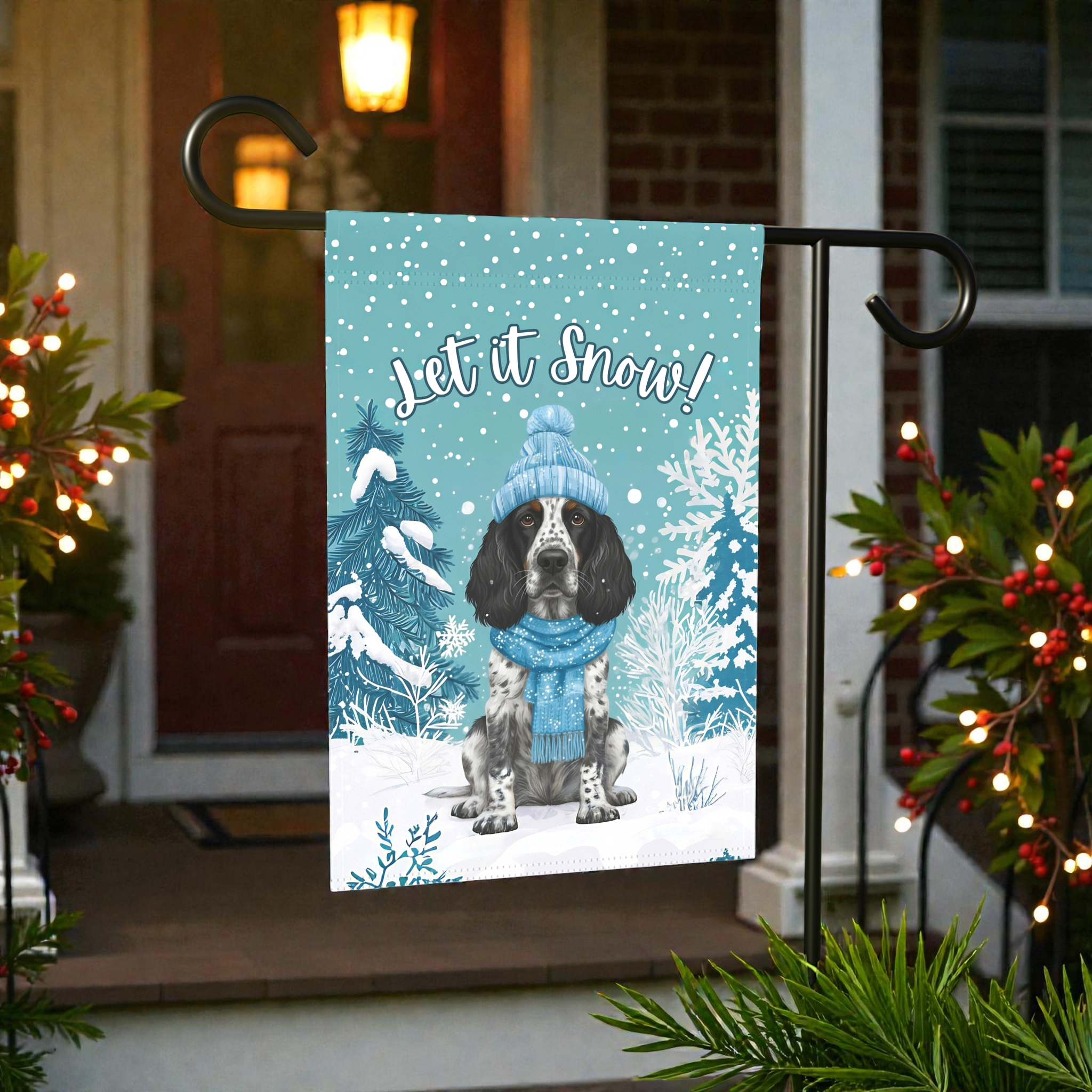 Let It Snow Blue Picardy Spaniel Garden Flag - product detail - Dragonfire Gardens