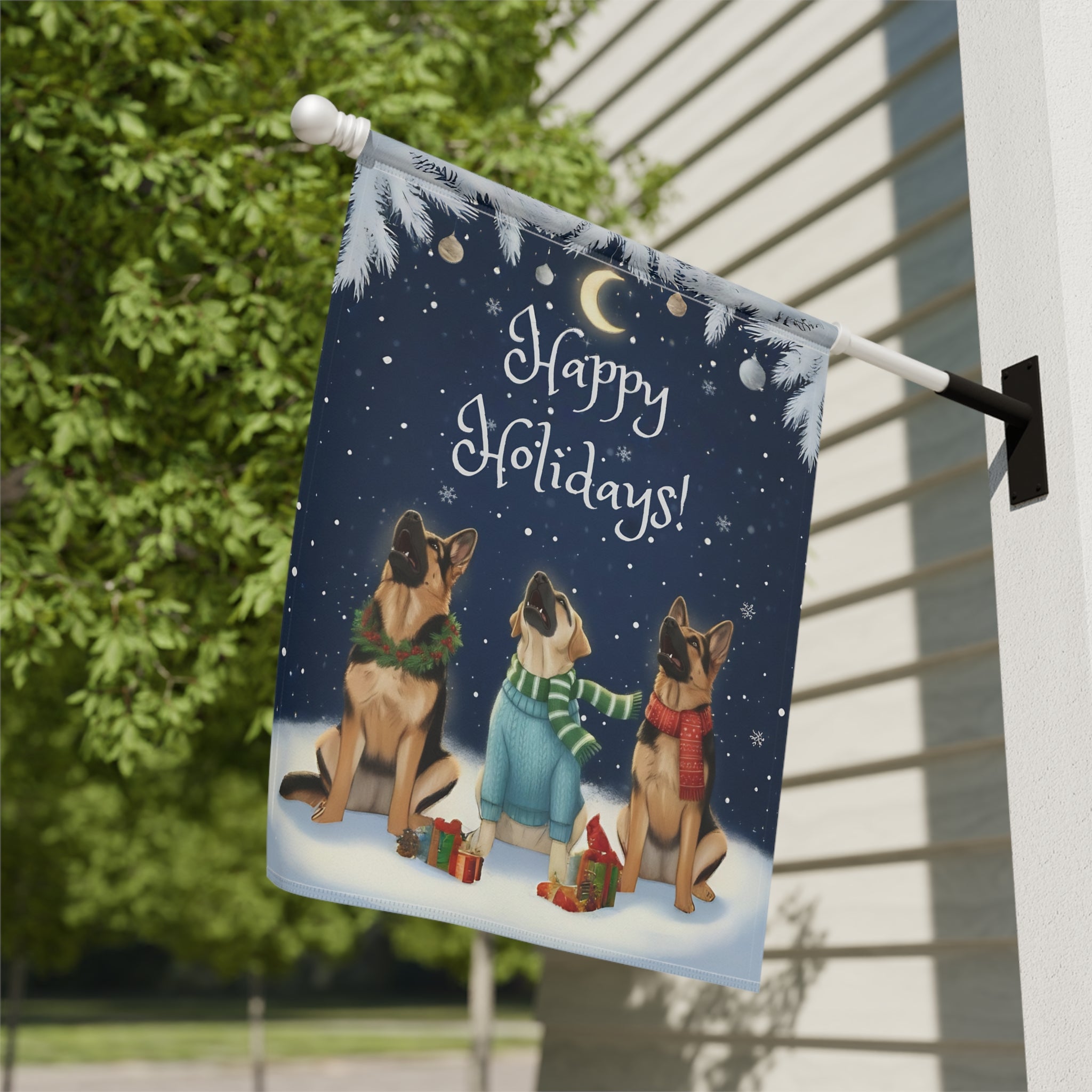 Happy Holidays German Shepherds Garden Flag - double-sided design - Dragonfire Gardens