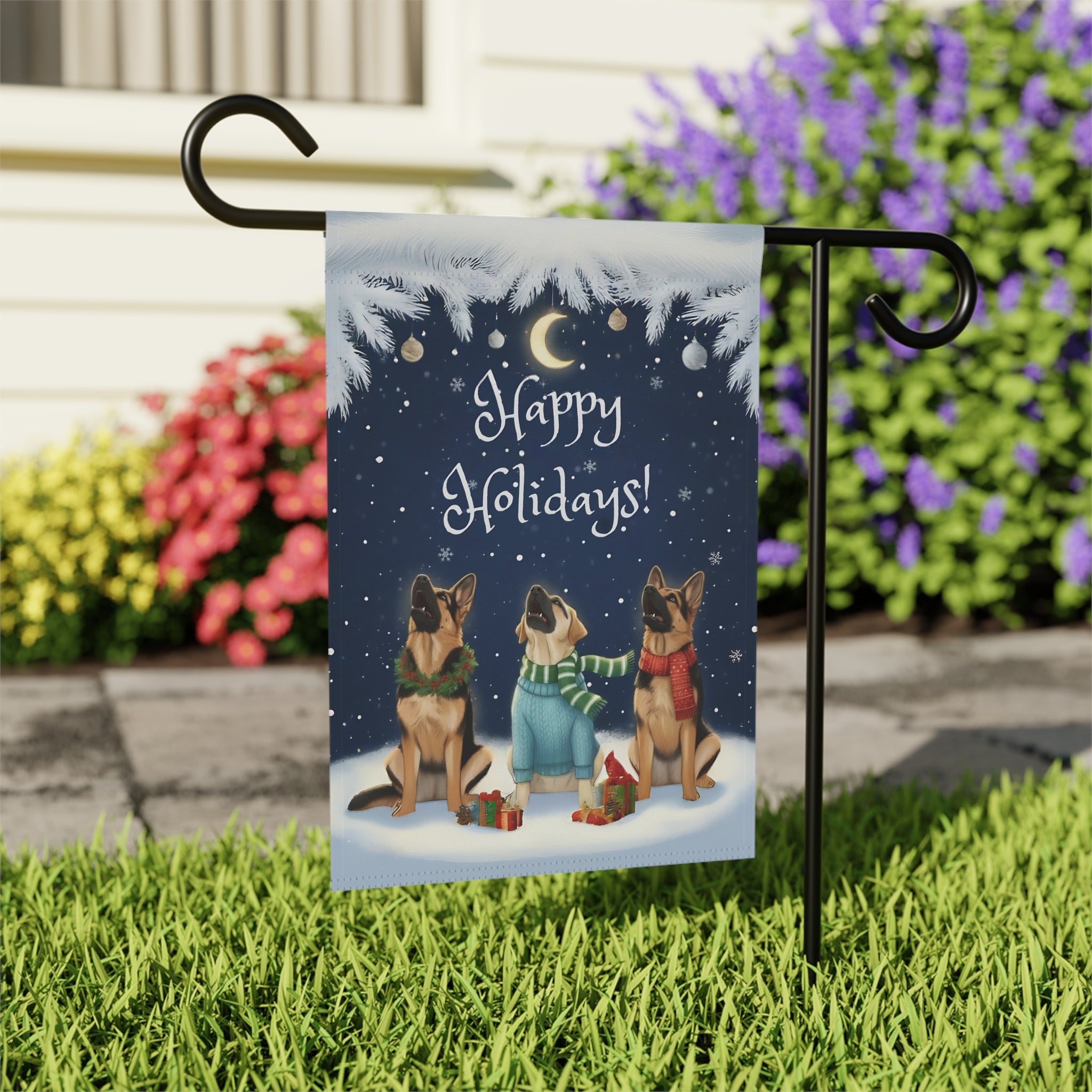 Happy Holidays German Shepherds Garden Flag - close-up detail - Dragonfire Gardens