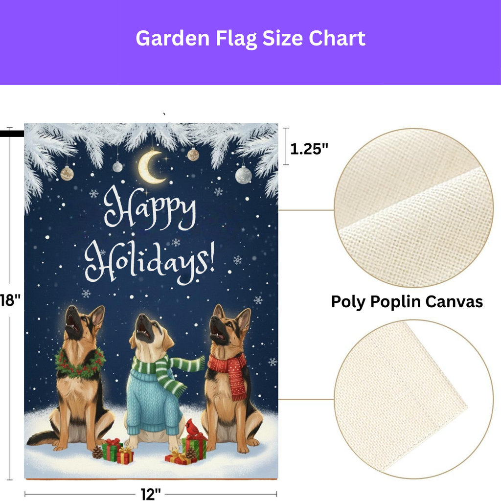 Happy Holidays German Shepherds Garden Flag - size comparison - Dragonfire Gardens
