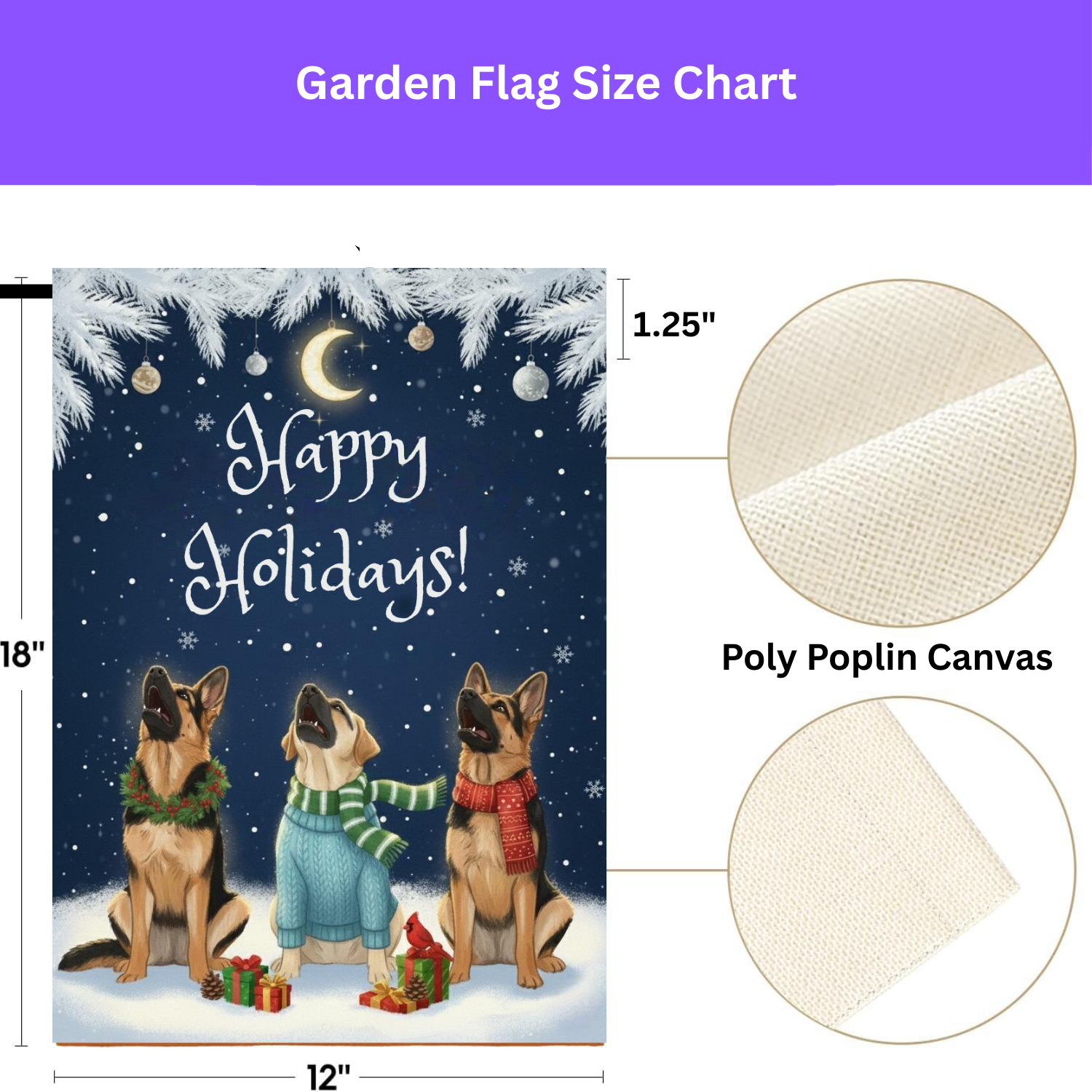 Happy Holidays German Shepherds Garden Flag - size comparison - Dragonfire Gardens