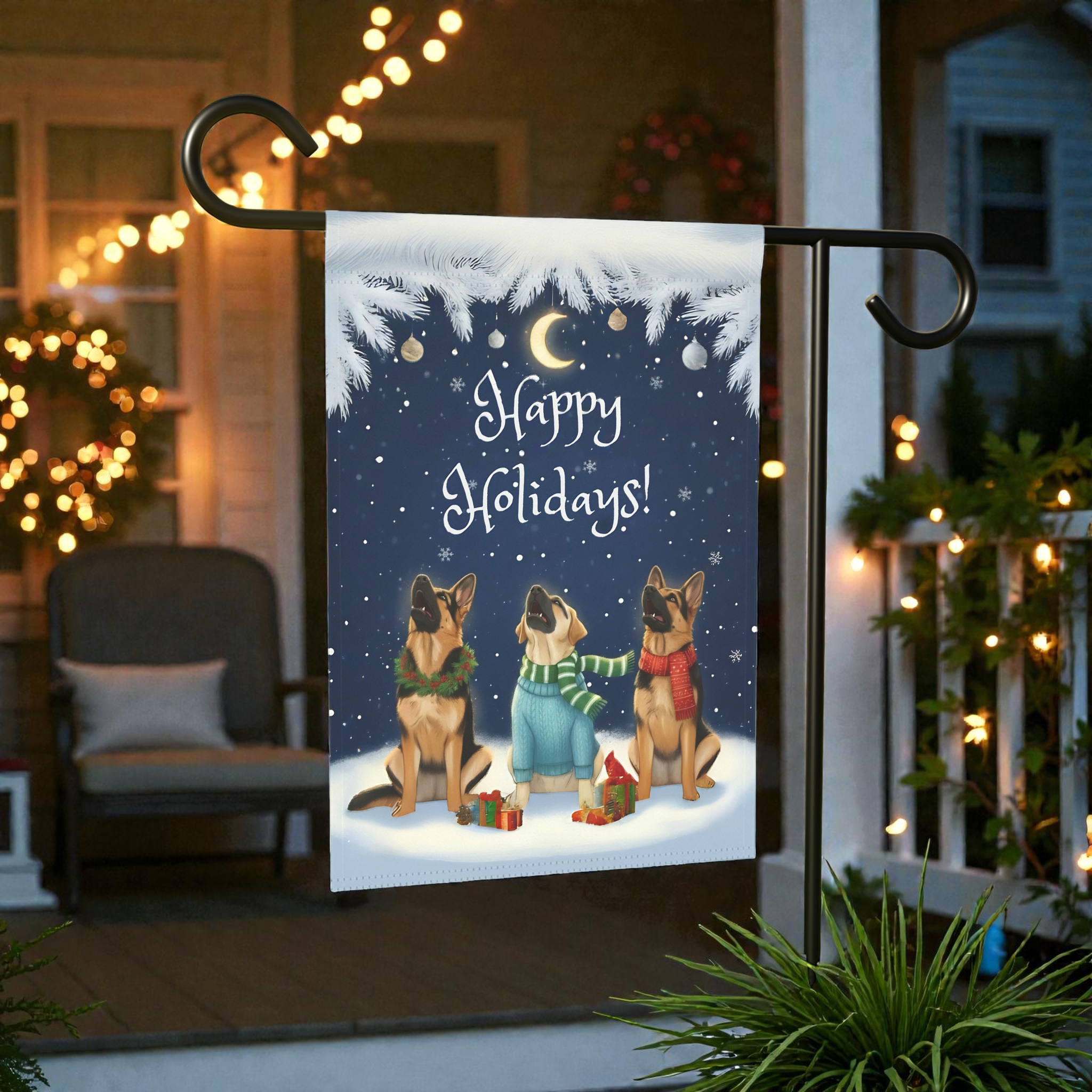 Happy Holidays German Shepherds Garden Flag - product detail - Dragonfire Gardens