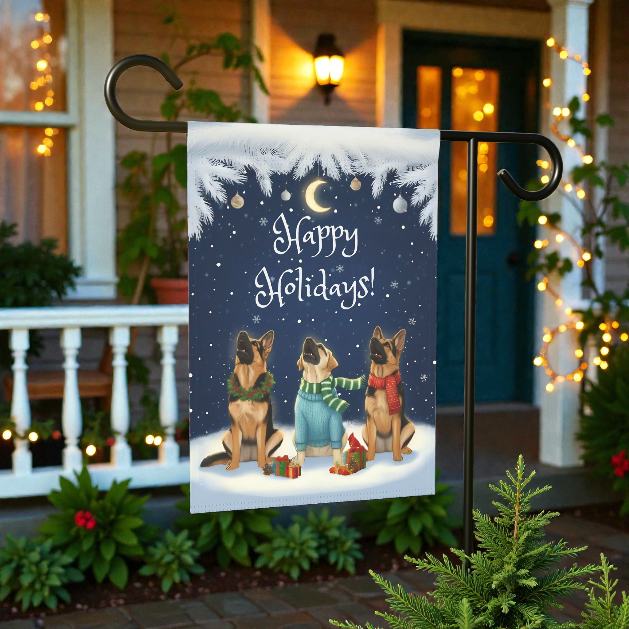 Happy Holidays German Shepherds Garden Flag - front view - Dragonfire Gardens