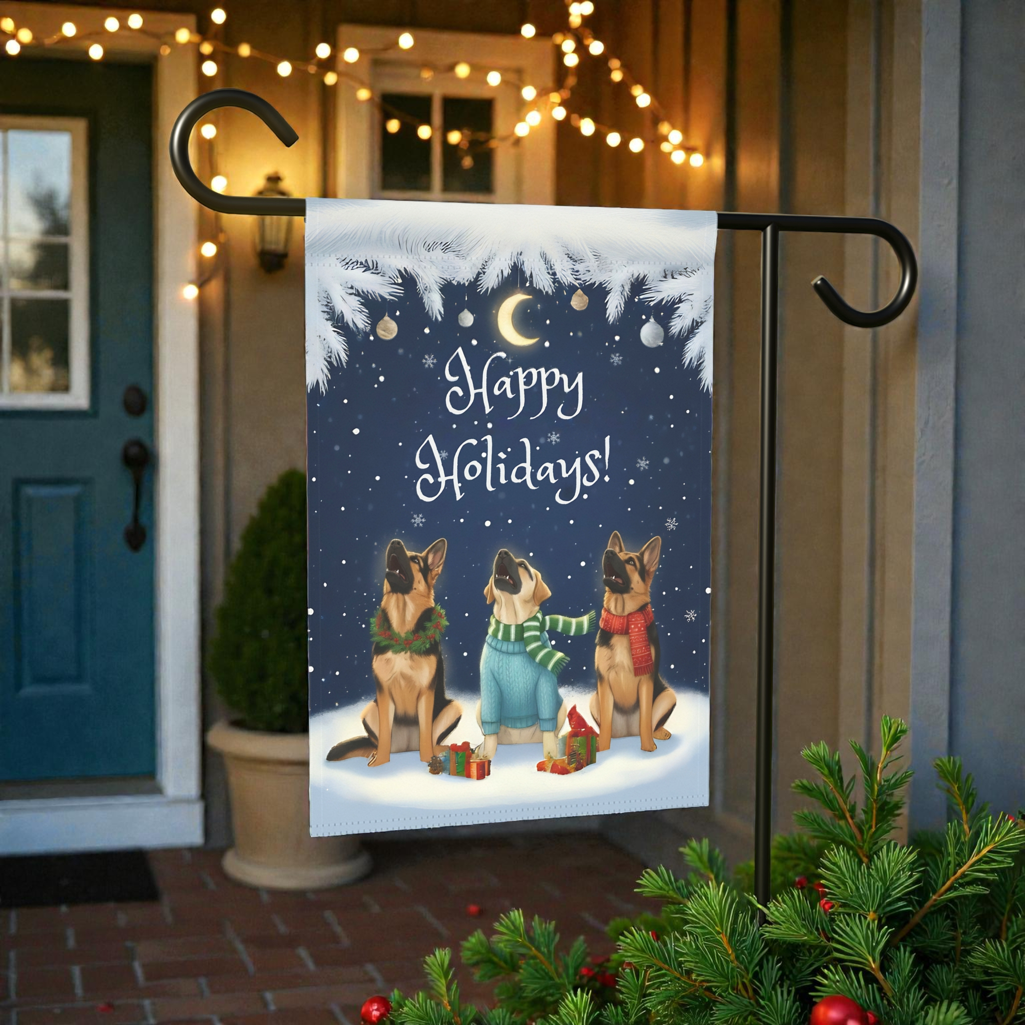 Happy Holidays German Shepherds Garden Flag - lifestyle display - Dragonfire Gardens