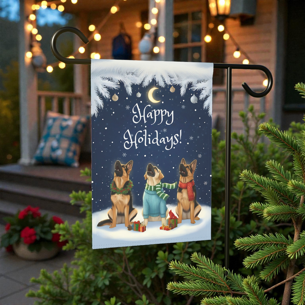 Happy Holidays German Shepherds Garden Flag - outdoor display - Dragonfire Gardens