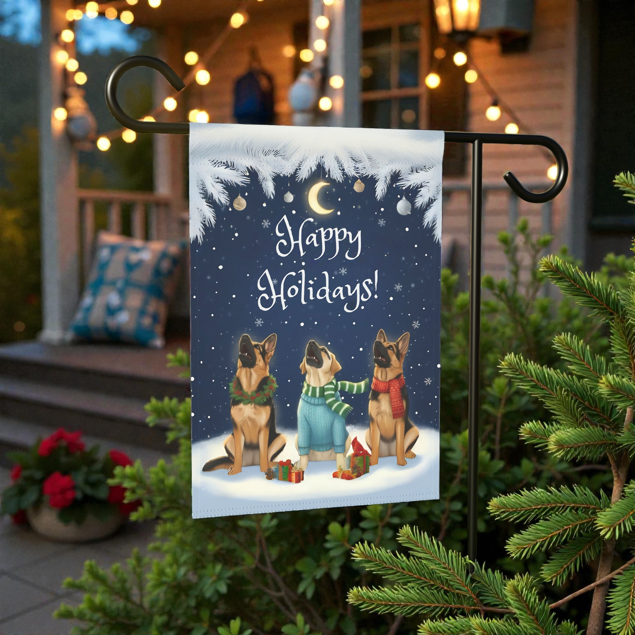 Happy Holidays German Shepherds Garden Flag - outdoor display - Dragonfire Gardens
