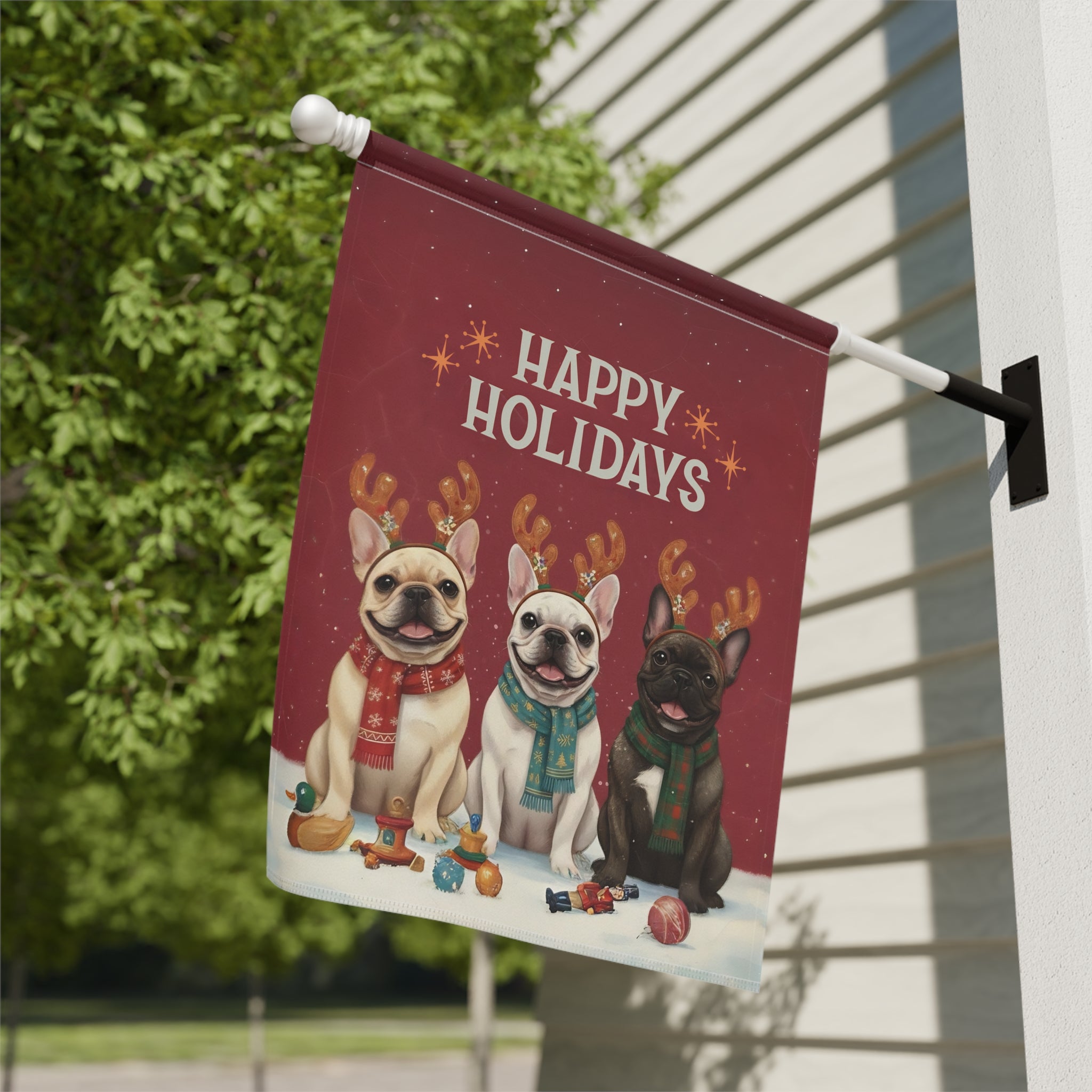 Happy Holidays French Bulldogs Garden Flag - double-sided design - Dragonfire Gardens