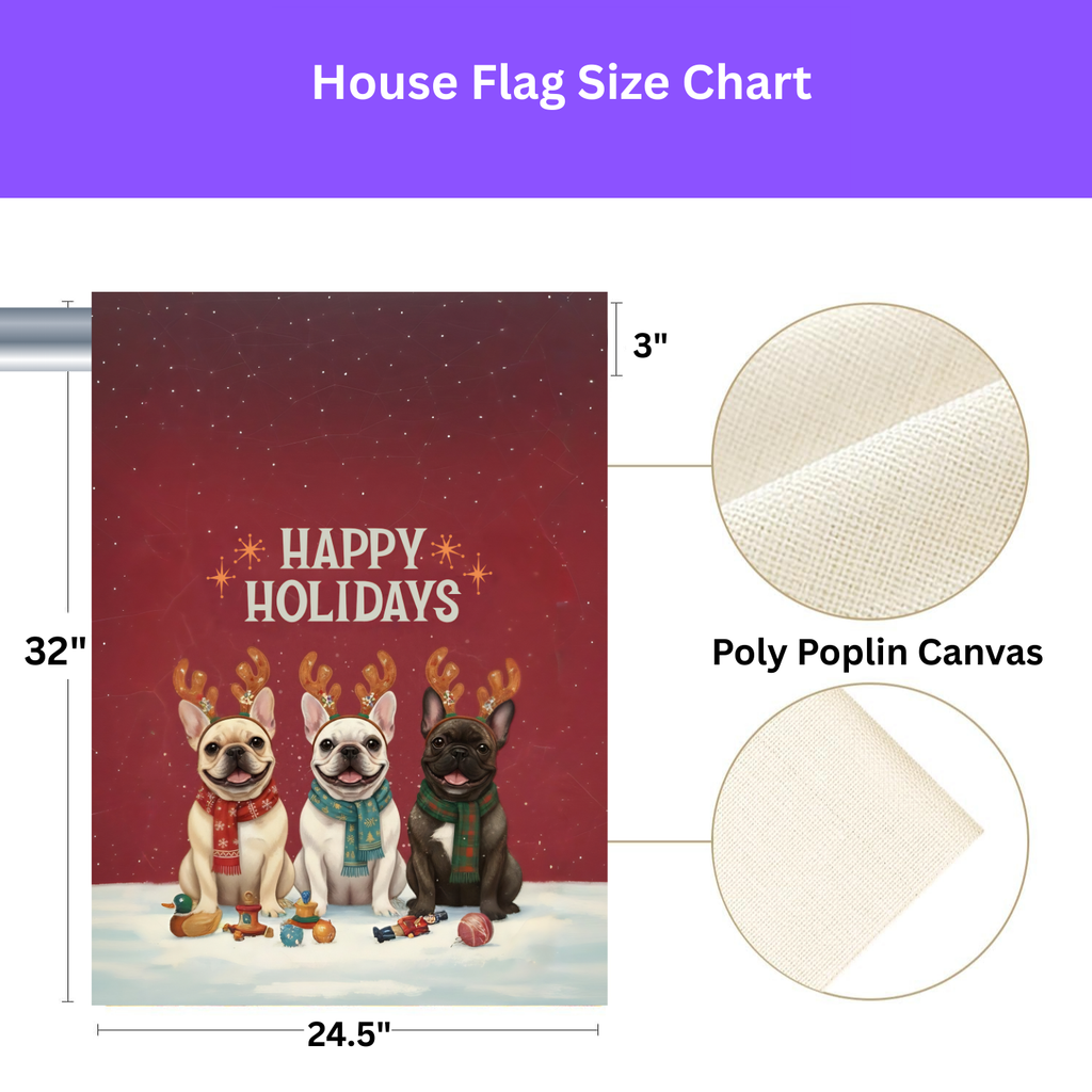 Happy Holidays French Bulldogs Garden Flag - size comparison - Dragonfire Gardens