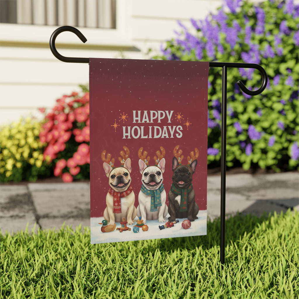 Happy Holidays French Bulldogs Garden Flag - close-up detail - Dragonfire Gardens