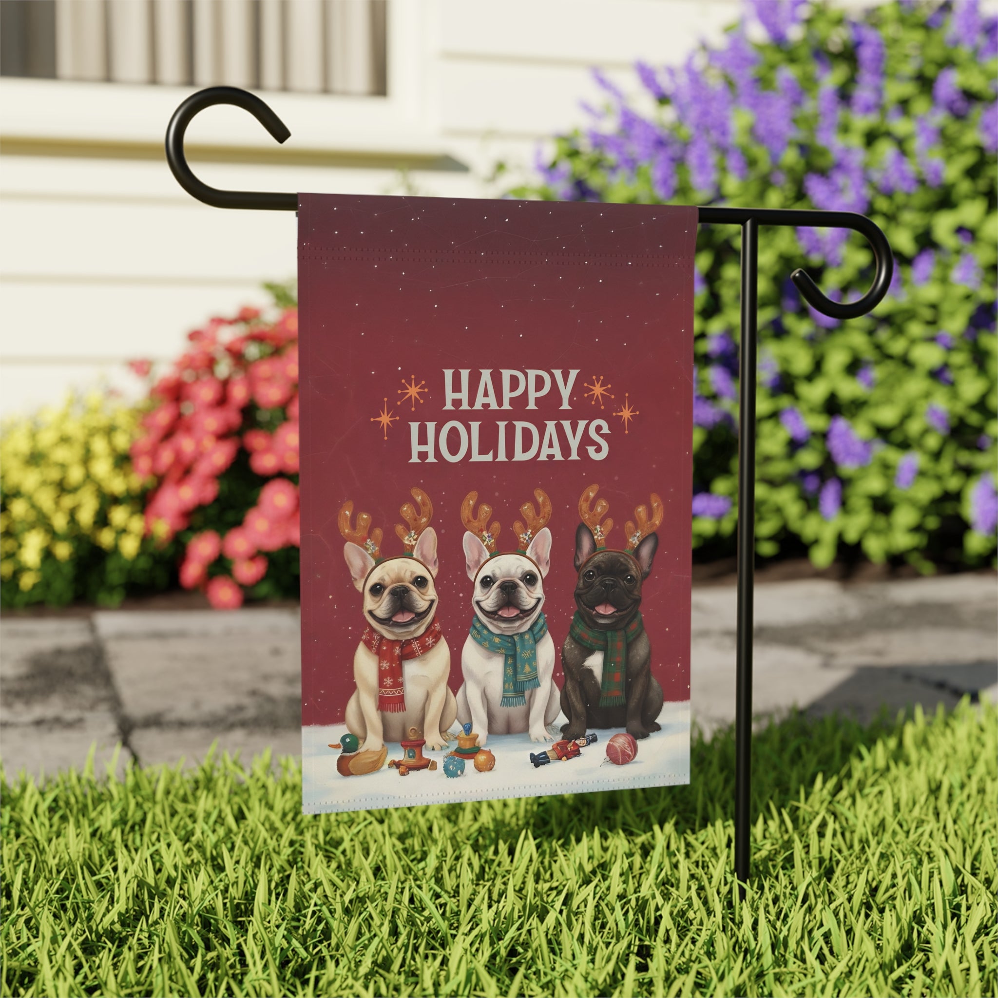 Happy Holidays French Bulldogs Garden Flag - close-up detail - Dragonfire Gardens