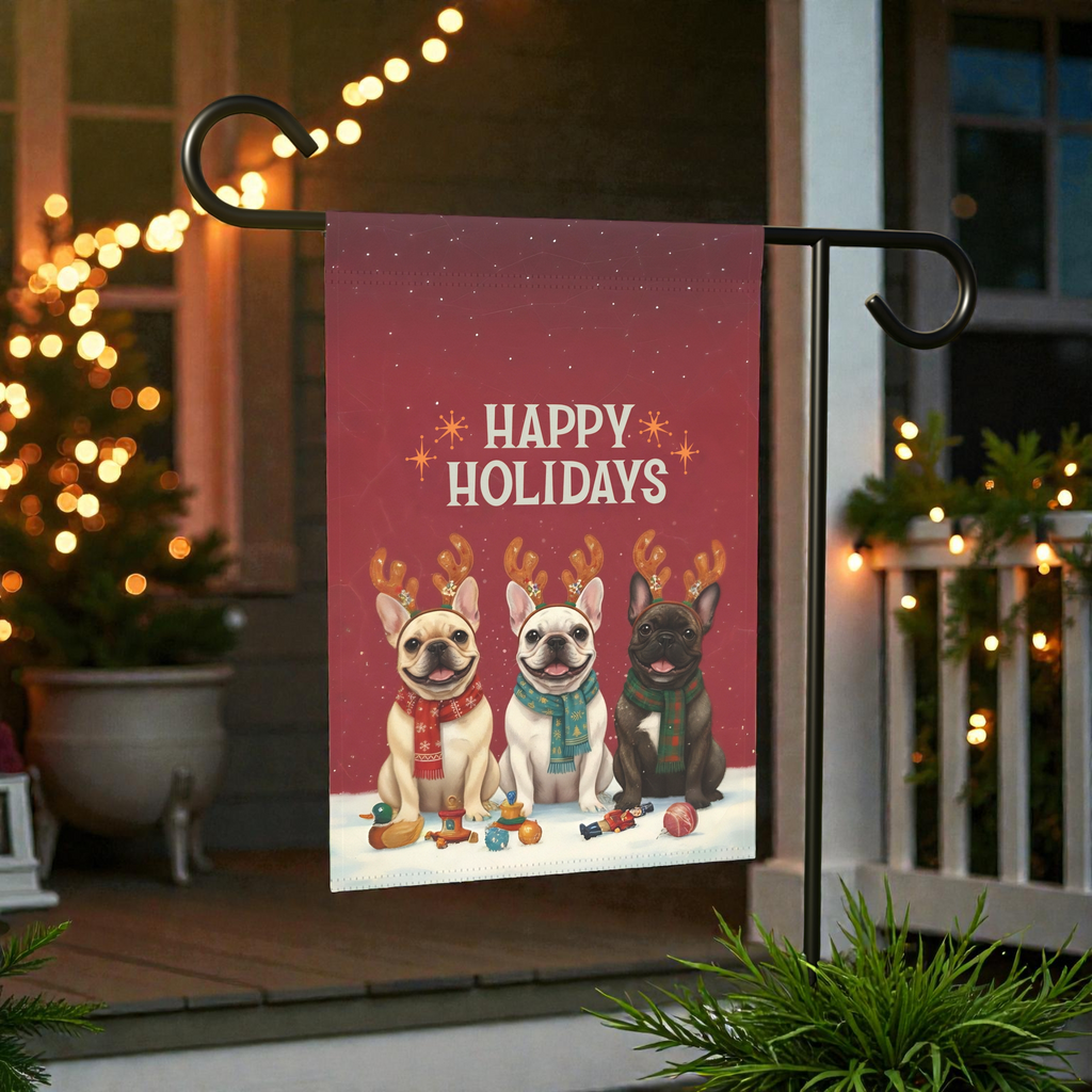 Happy Holidays French Bulldogs Garden Flag - outdoor display - Dragonfire Gardens