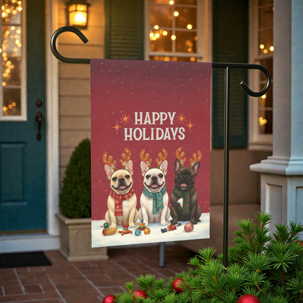 Happy Holidays French Bulldogs Garden Flag - front view - Dragonfire Gardens