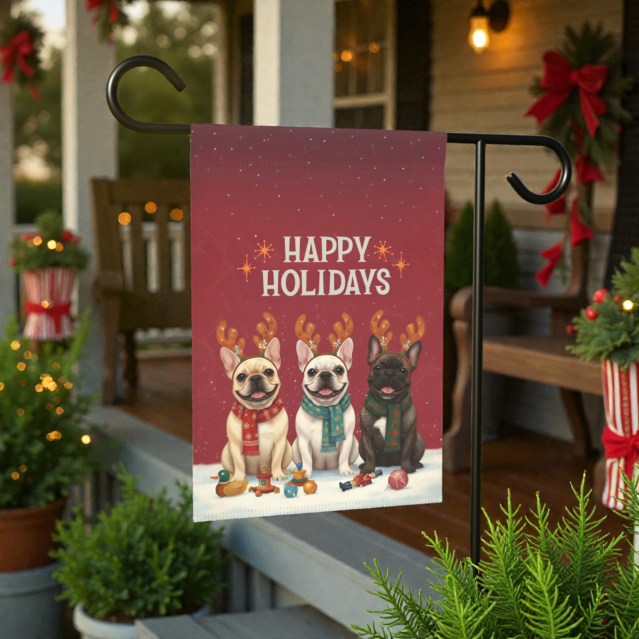 Happy Holidays French Bulldogs Garden Flag - lifestyle display - Dragonfire Gardens