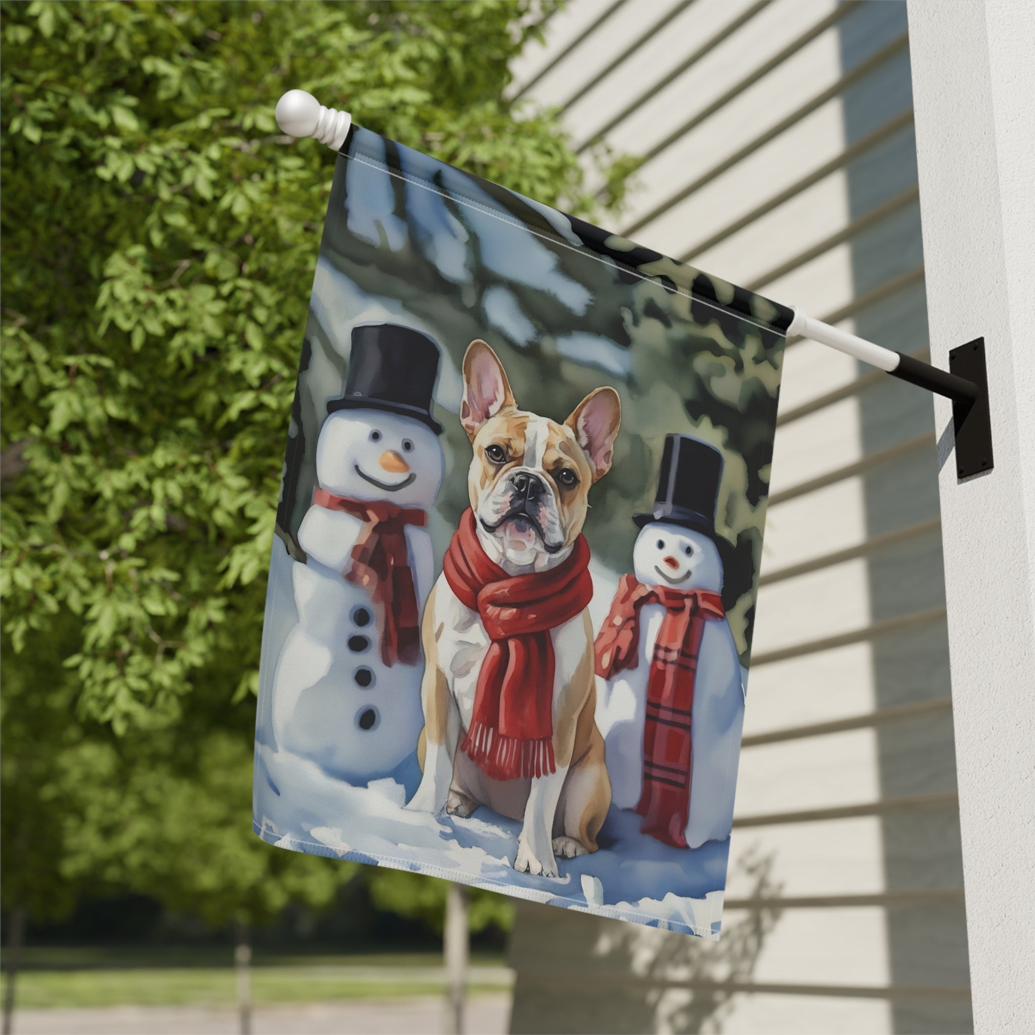 French Bulldog and Snowmen Christmas Garden Flag - double-sided design - Dragonfire Gardens