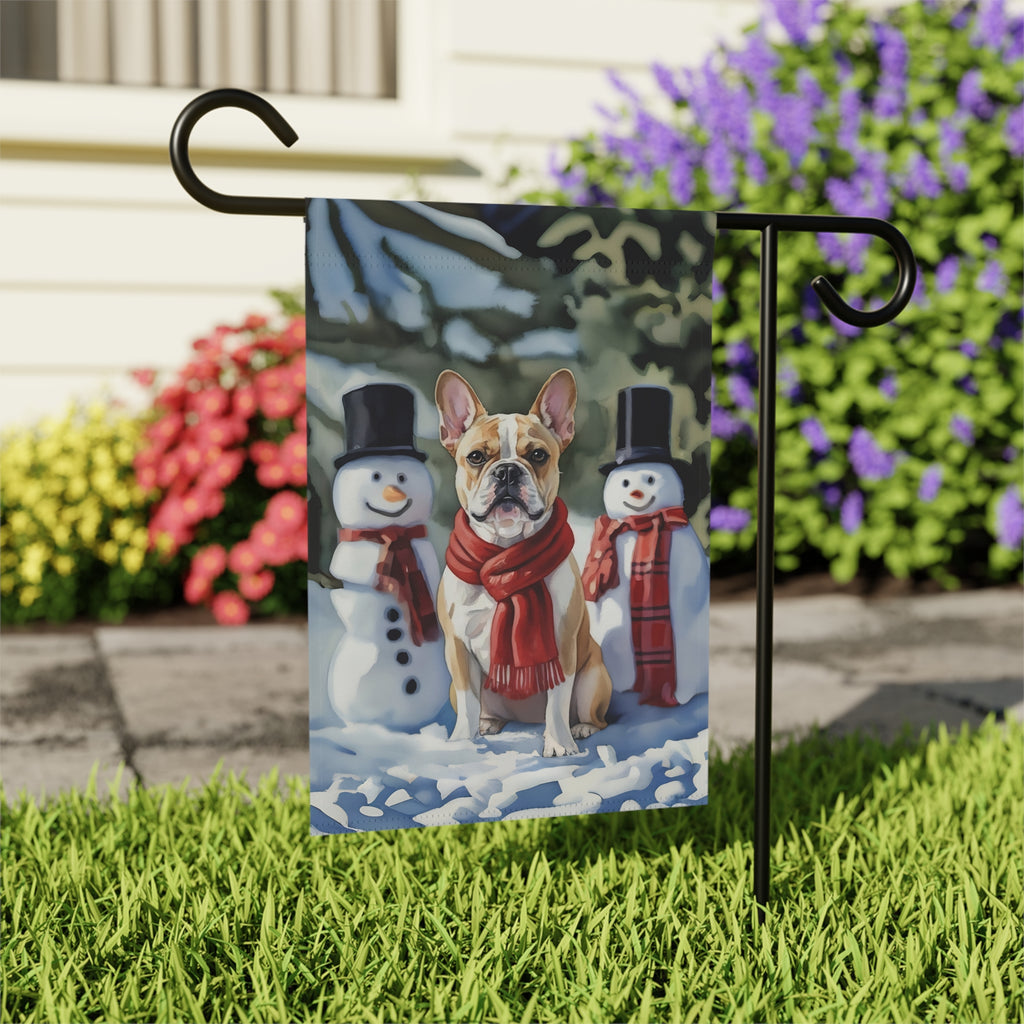 French Bulldog and Snowmen Christmas Garden Flag - close-up detail - Dragonfire Gardens