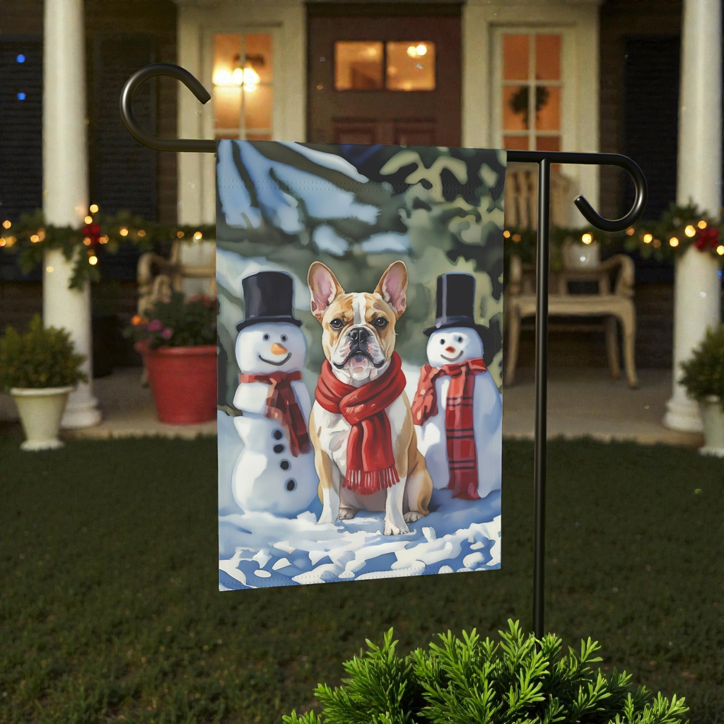 French Bulldog and Snowmen Christmas Garden Flag - lifestyle display - Dragonfire Gardens