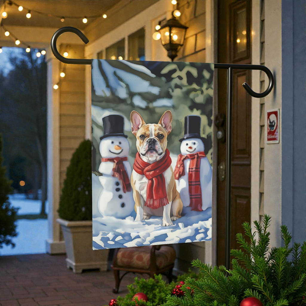 French Bulldog and Snowmen Christmas Garden Flag - outdoor display - Dragonfire Gardens