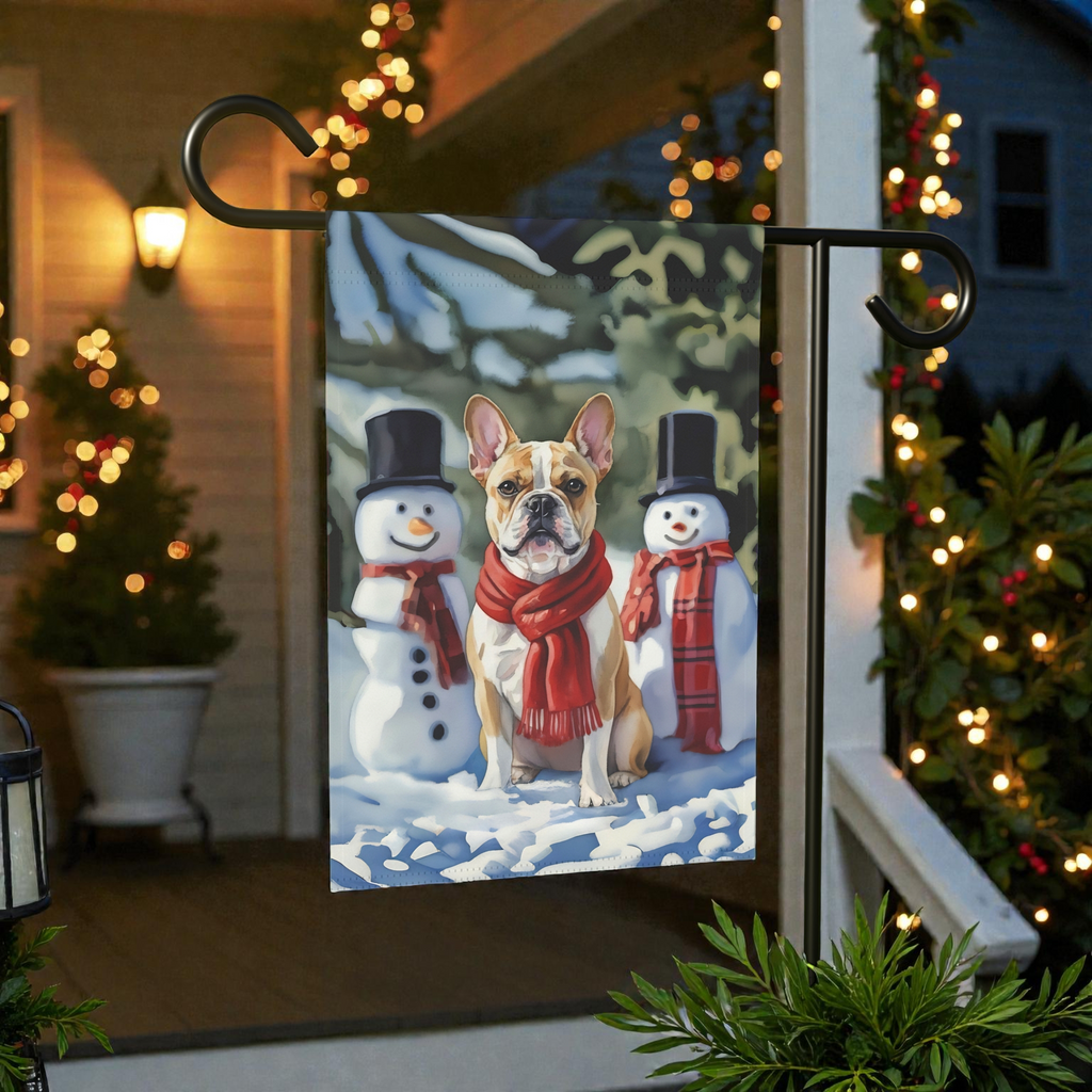 French Bulldog and Snowmen Christmas Garden Flag - front view - Dragonfire Gardens