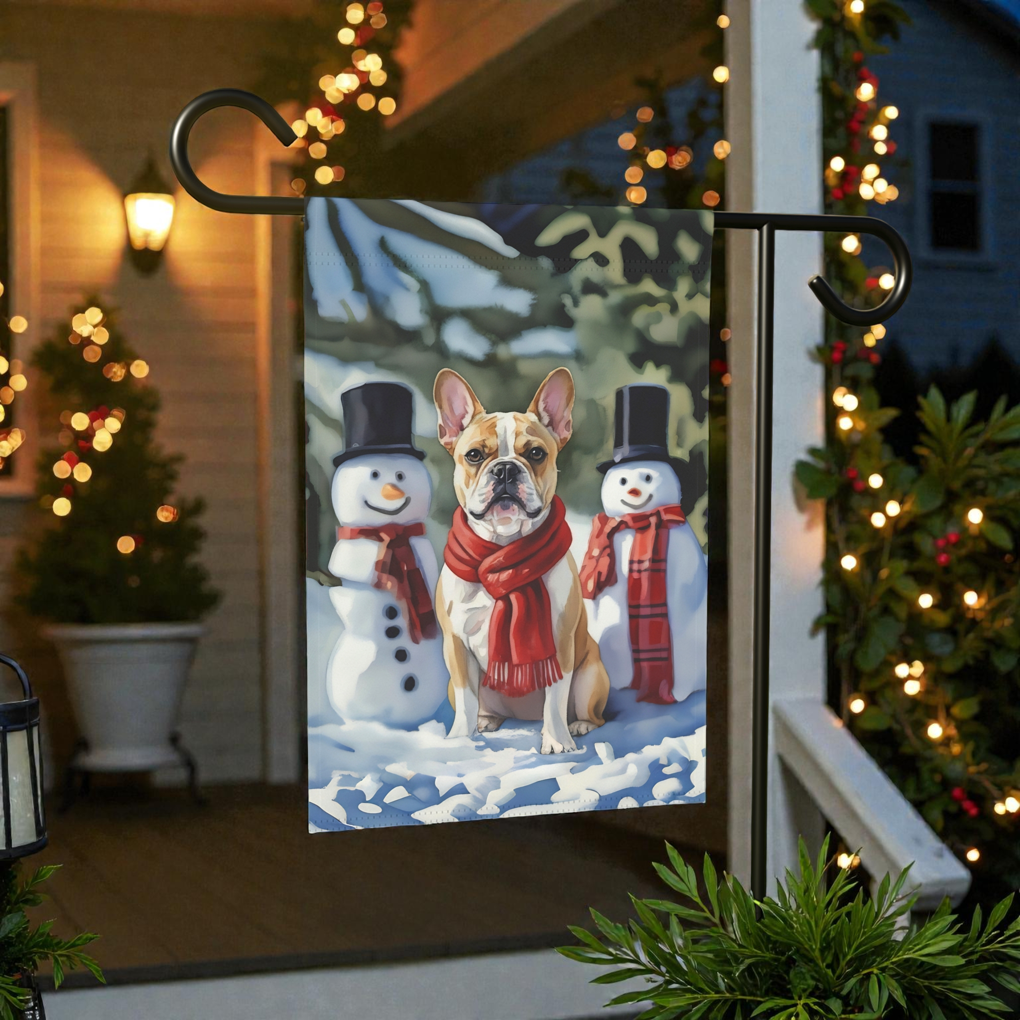 French Bulldog and Snowmen Christmas Garden Flag - front view - Dragonfire Gardens