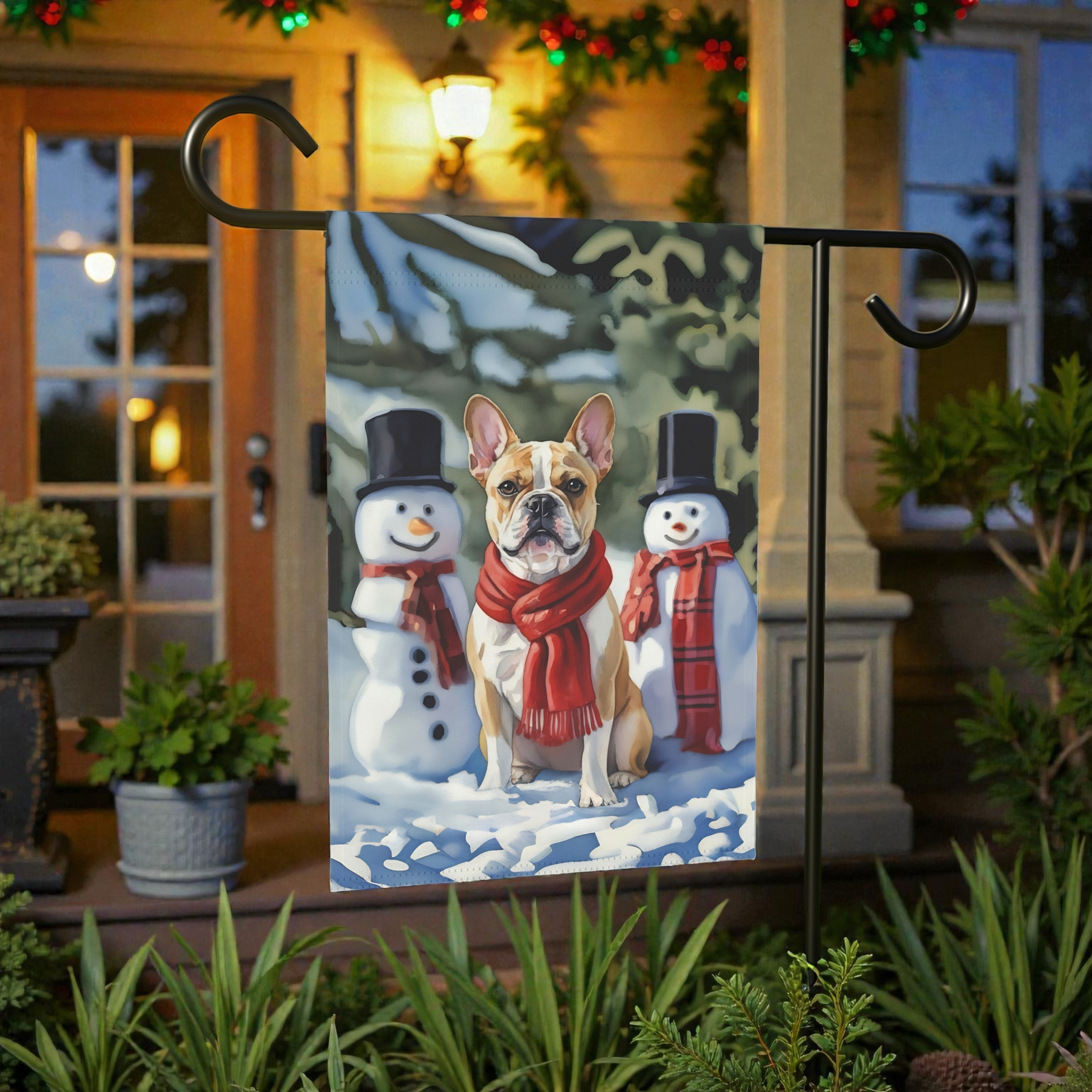 French Bulldog and Snowmen Christmas Garden Flag - product detail - Dragonfire Gardens