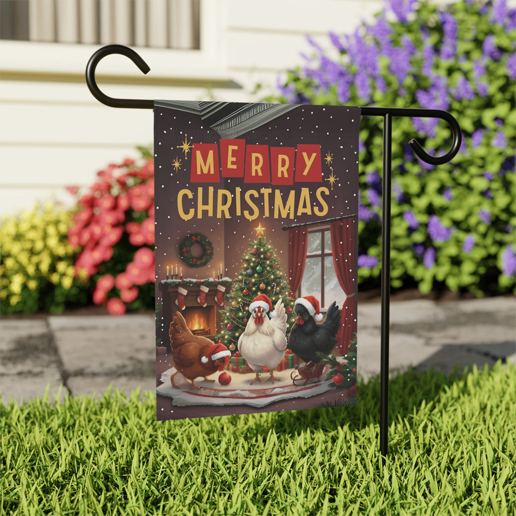 Merry Christmas Chickens Garden Flag - close-up detail - Dragonfire Gardens