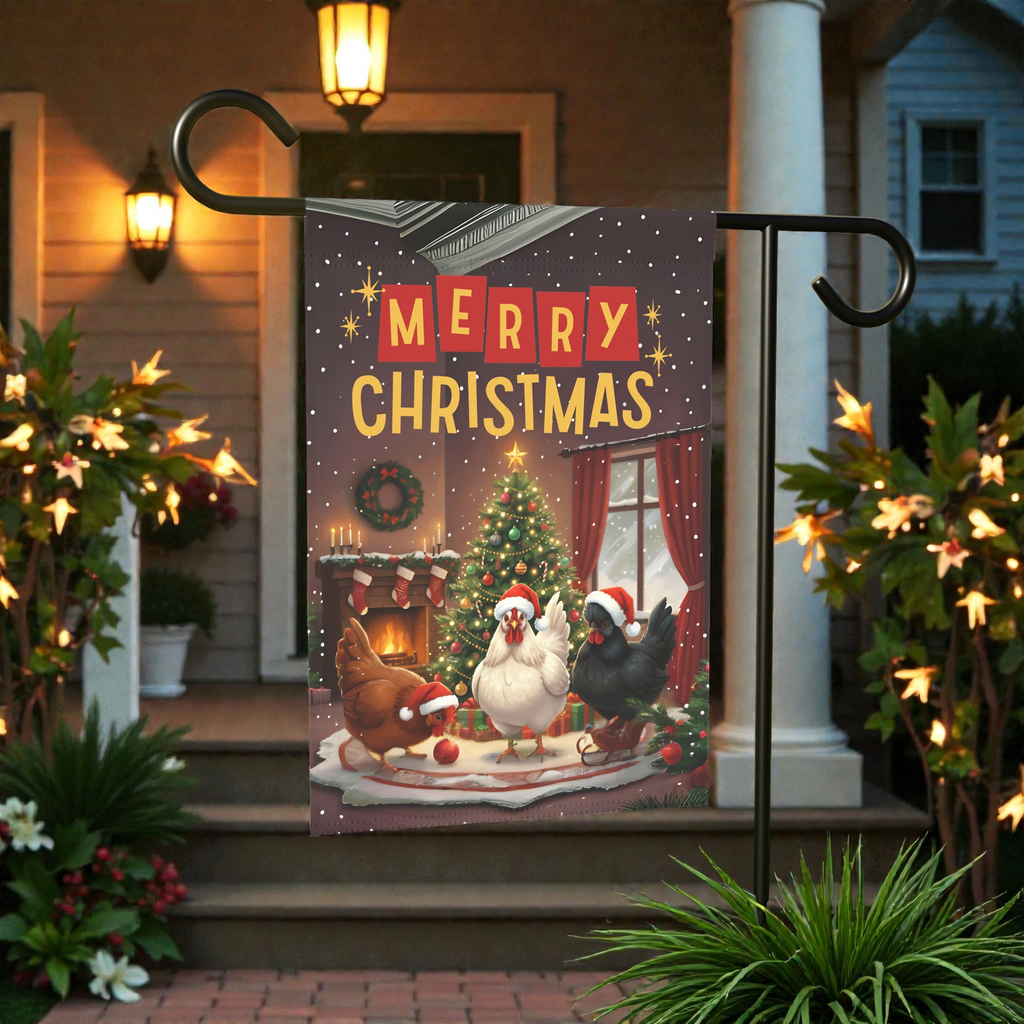 Merry Christmas Chickens Garden Flag - front view - Dragonfire Gardens