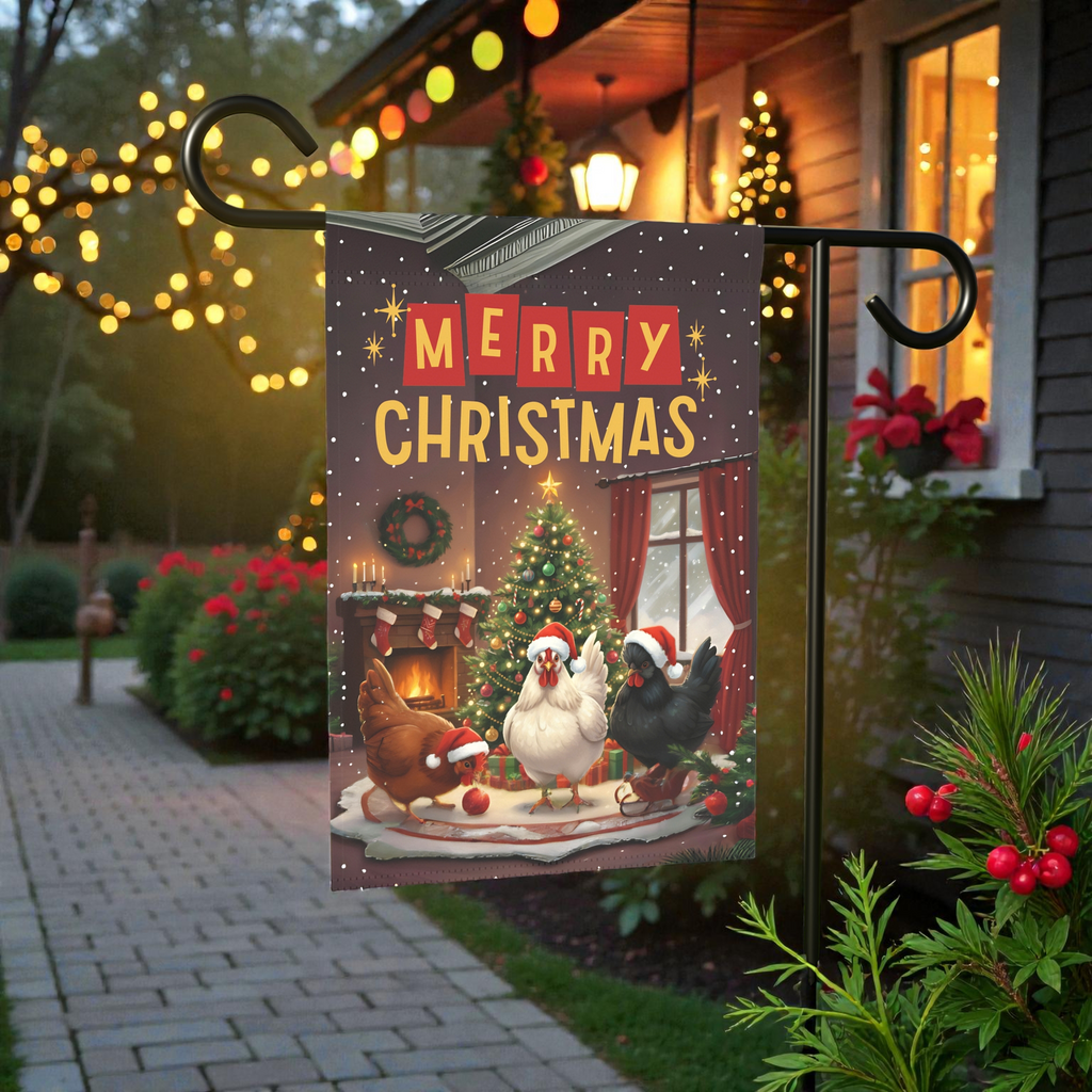 Merry Christmas Chickens Garden Flag - lifestyle display - Dragonfire Gardens