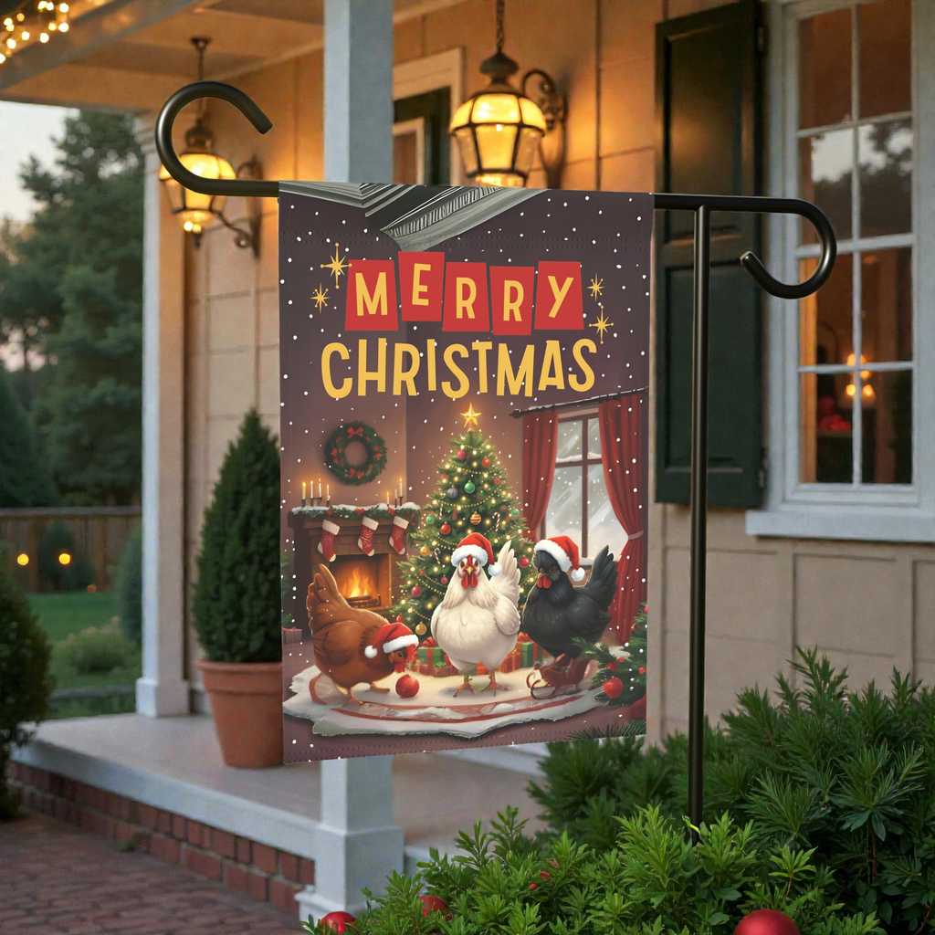 Merry Christmas Chickens Garden Flag - outdoor display - Dragonfire Gardens