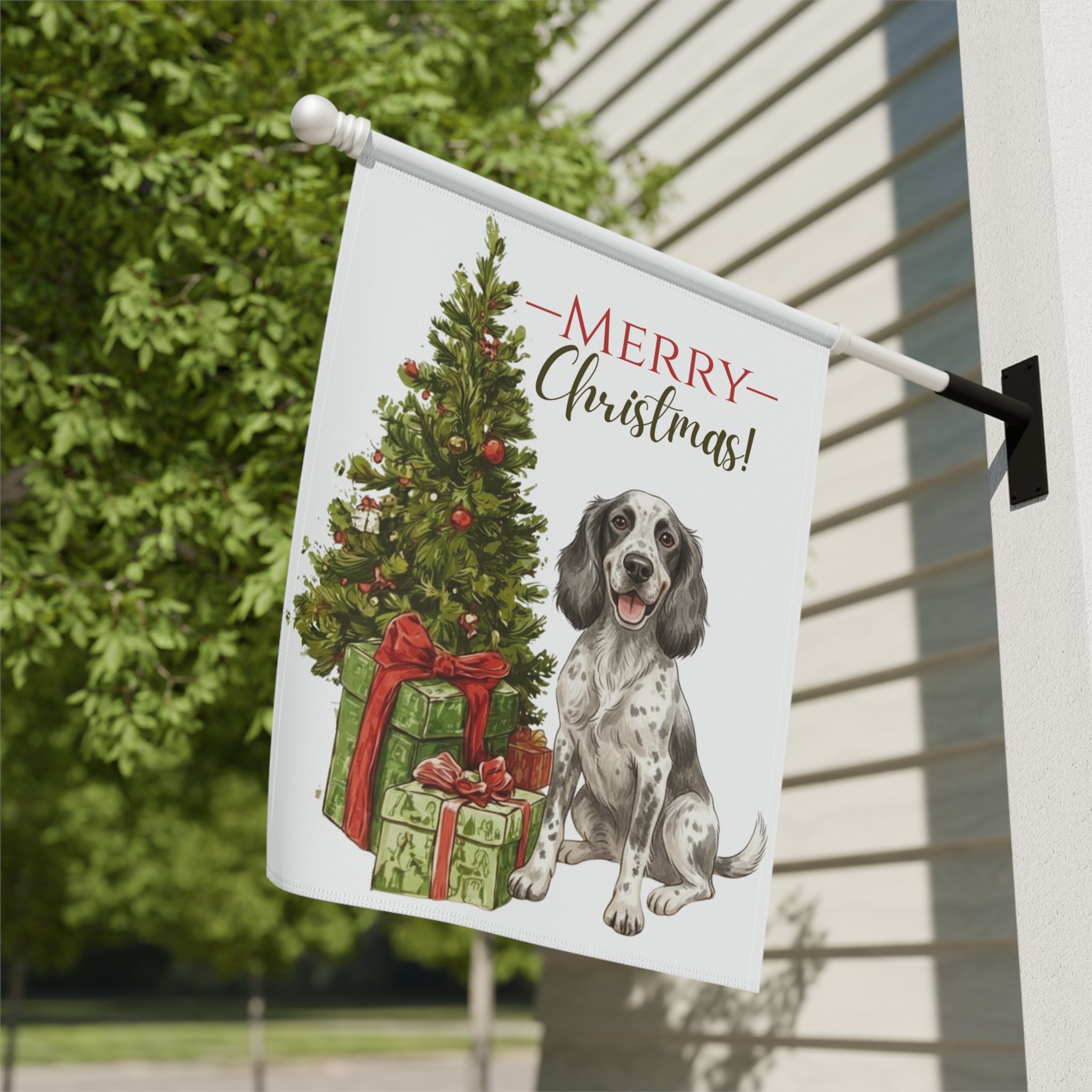 Blue Picardy Spaniel and Present Christmas Garden Flag - double-sided design - Dragonfire Gardens