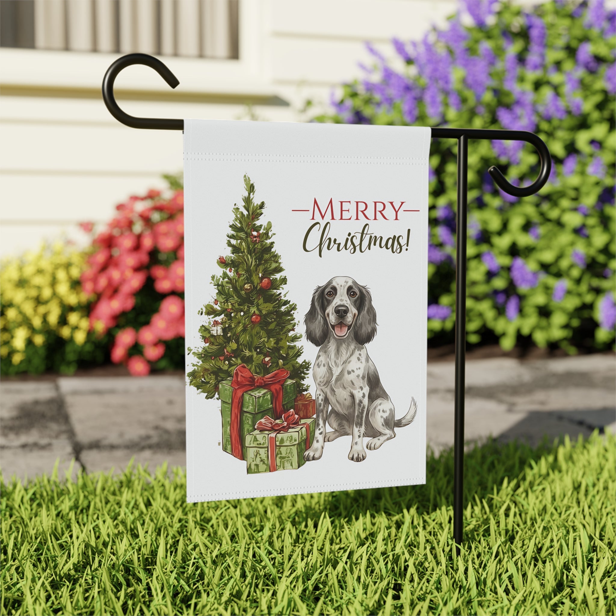 Blue Picardy Spaniel and Present Christmas Garden Flag - close-up detail - Dragonfire Gardens